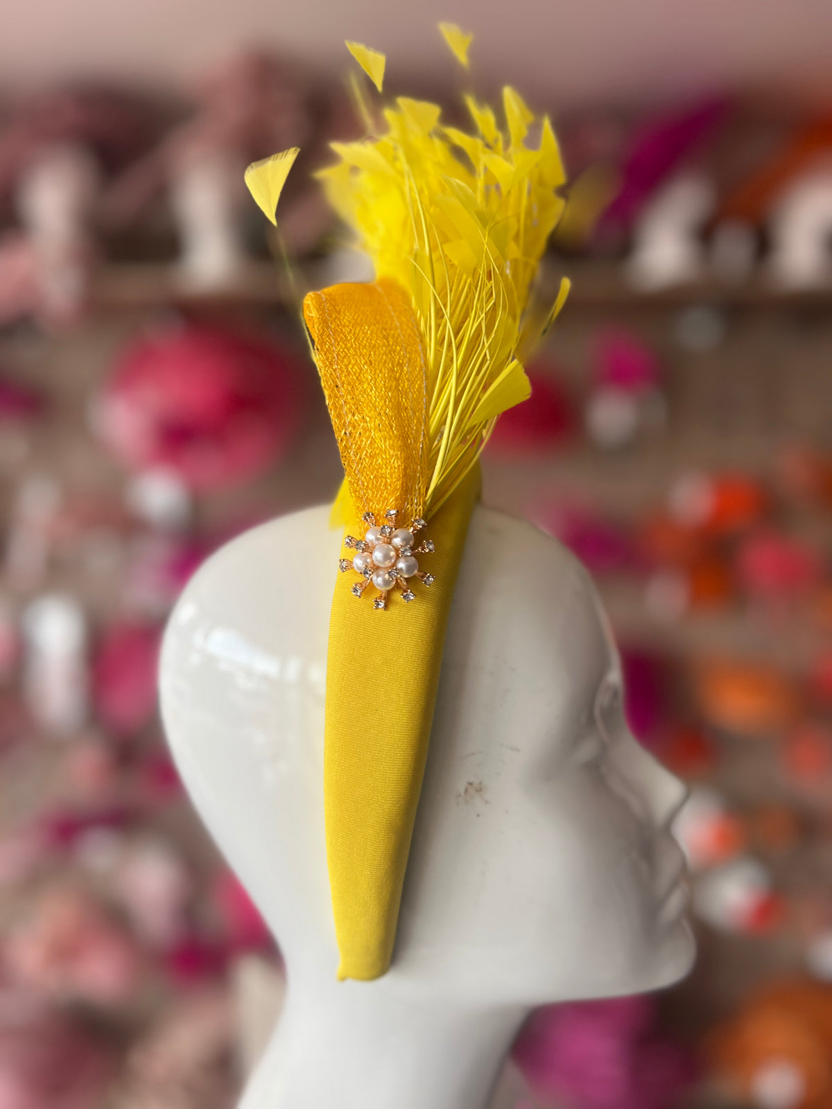 Yellow Feather Velvet Padded Headband Fascinator With Diamante &amp; Pearl Cluster