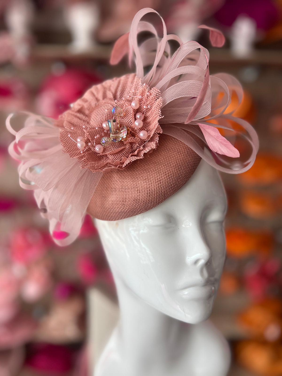Pillbox Hat With Loops and  Embellished Flowers-Dusty Pink