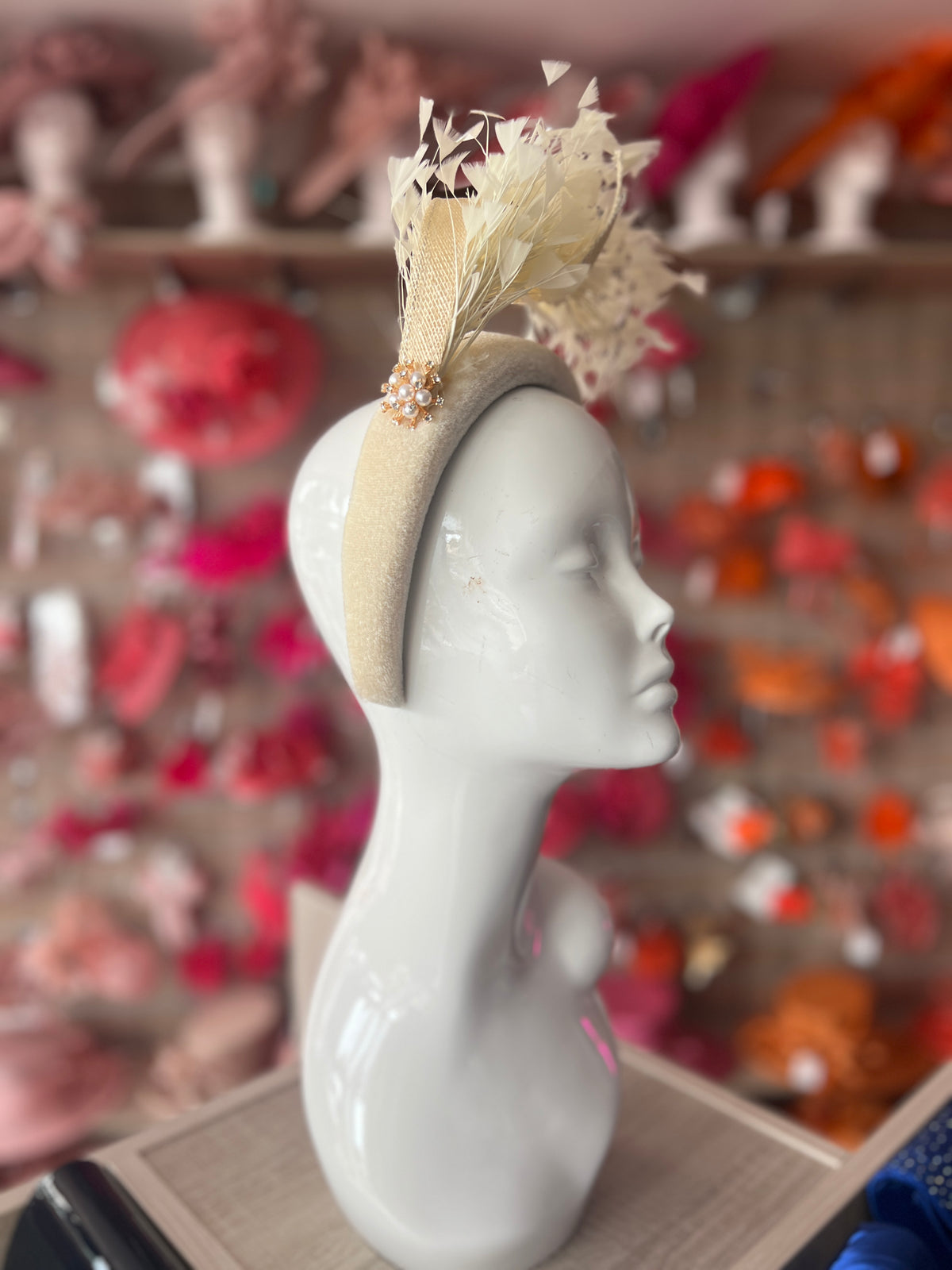 Cream Feather Velvet Padded Headband Fascinator With Diamante &amp; Pearl Cluster
