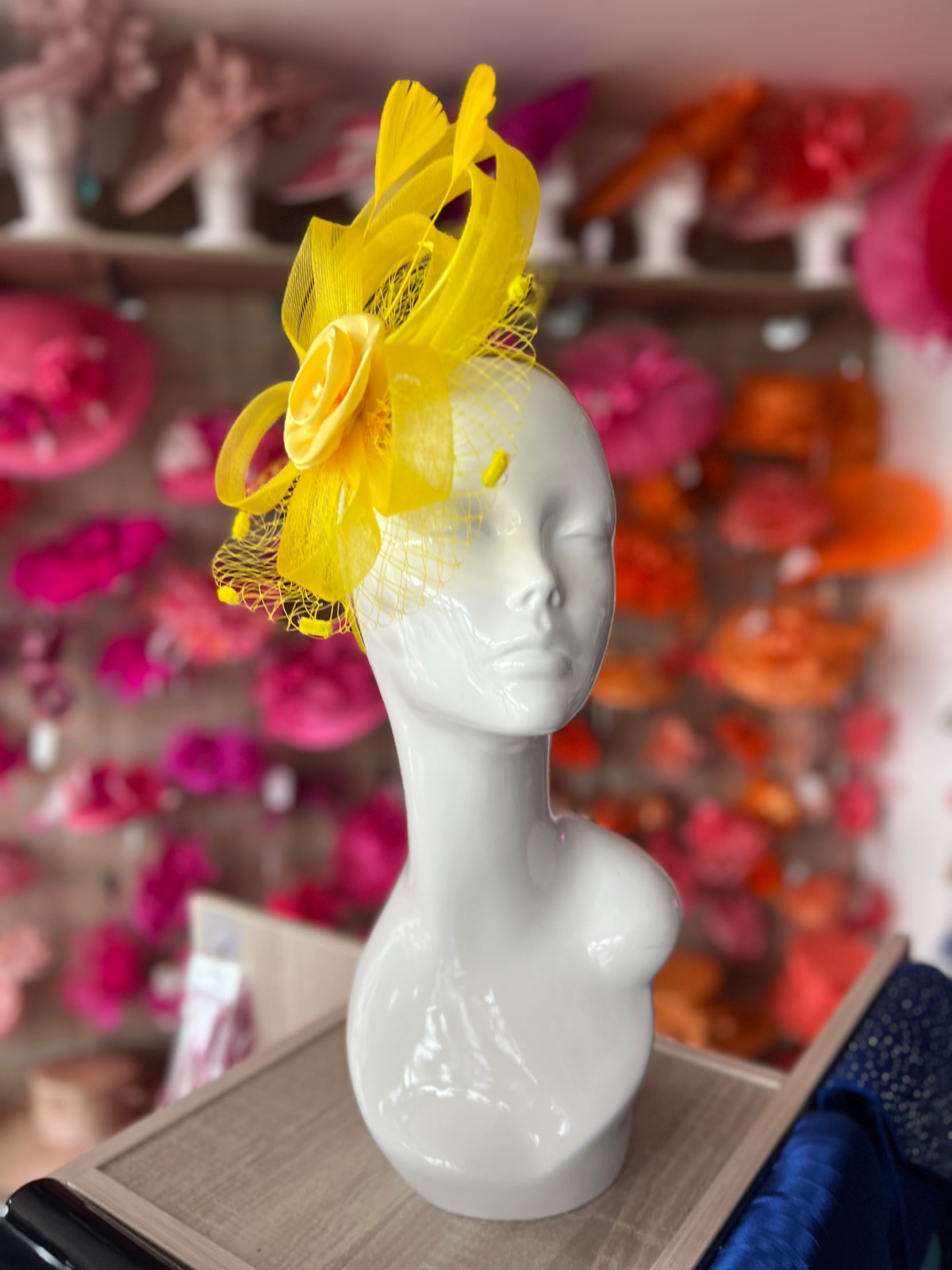 Yellow Flower Fascinator With Netting &amp; Feathers