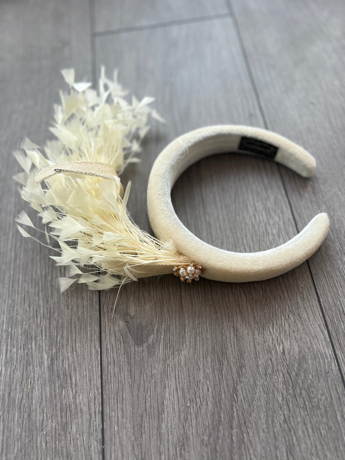 Cream Feather Velvet Padded Headband Fascinator With Diamante &amp; Pearl Cluster