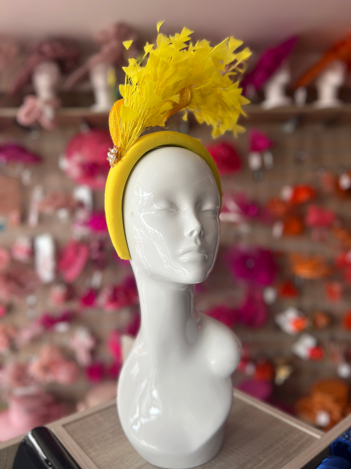 Yellow Feather Velvet Padded Headband Fascinator With Diamante &amp; Pearl Cluster