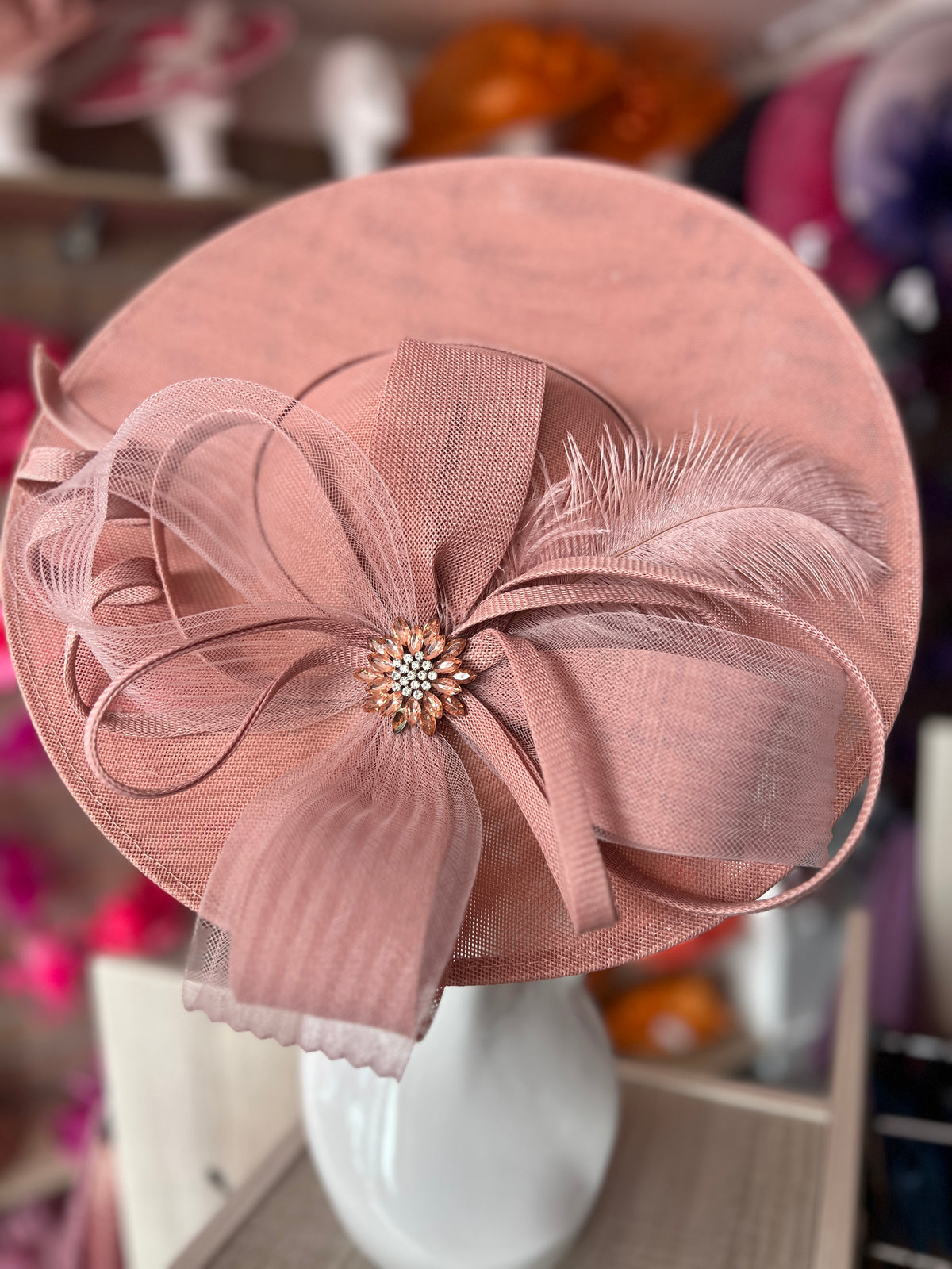 Dusky Pink Saucer Hatinator With Feather &amp; Loops