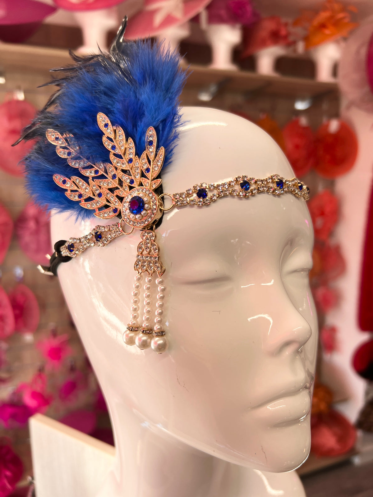 Sapphire 1920&#39;s Style Feather Flapper Headpiece With Hanging Pearls