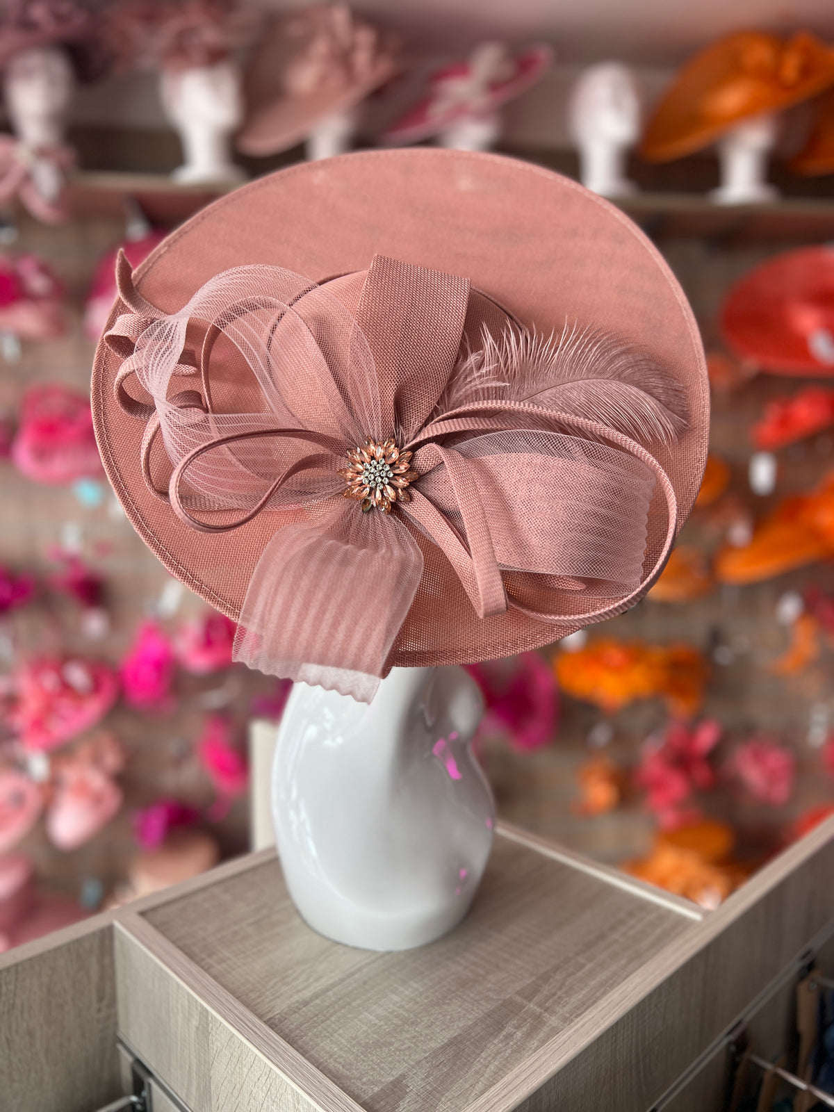 Dusky Pink Saucer Hatinator With Feather &amp; Loops