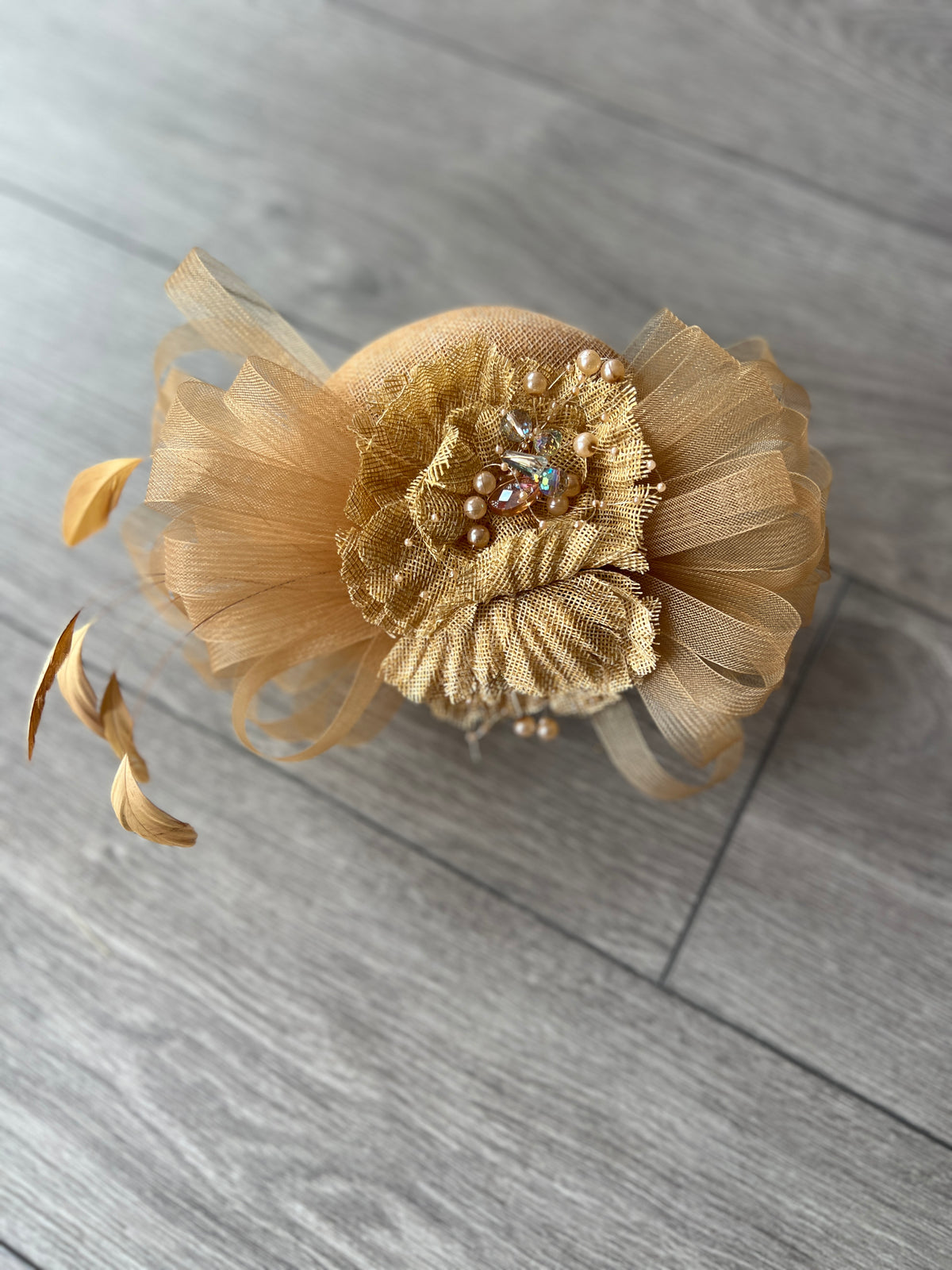 Pillbox Hat With Loops and  Embellished Flowers-Gold