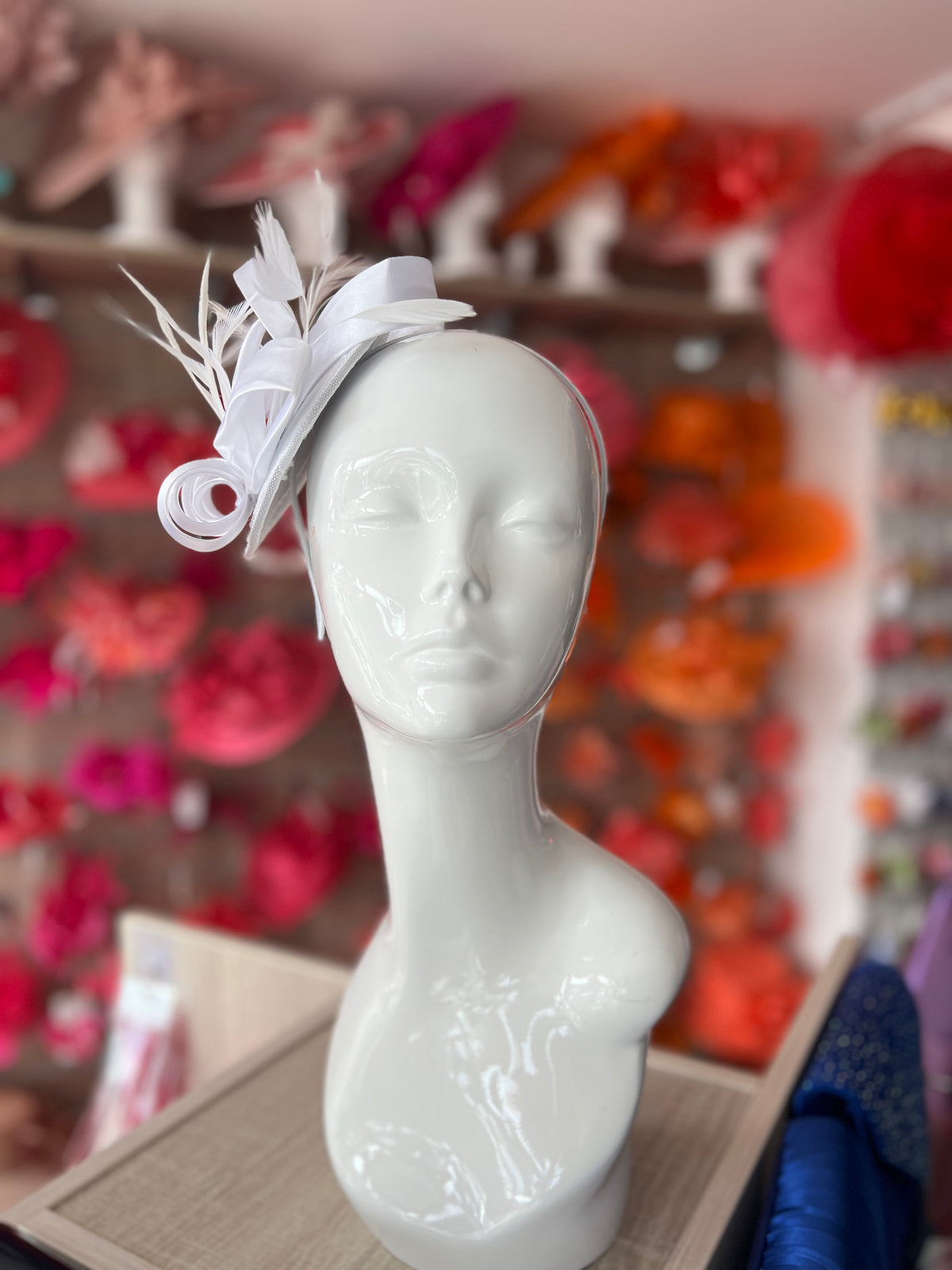 White Fascinator Headband With Looped Satin &amp; Feathers