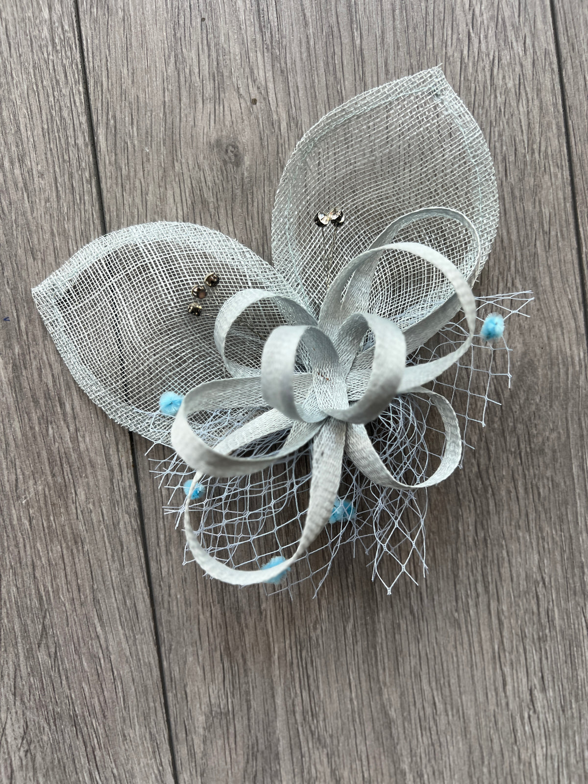 Powder Blue Hair Fascinator With Netting &amp; Diamantes