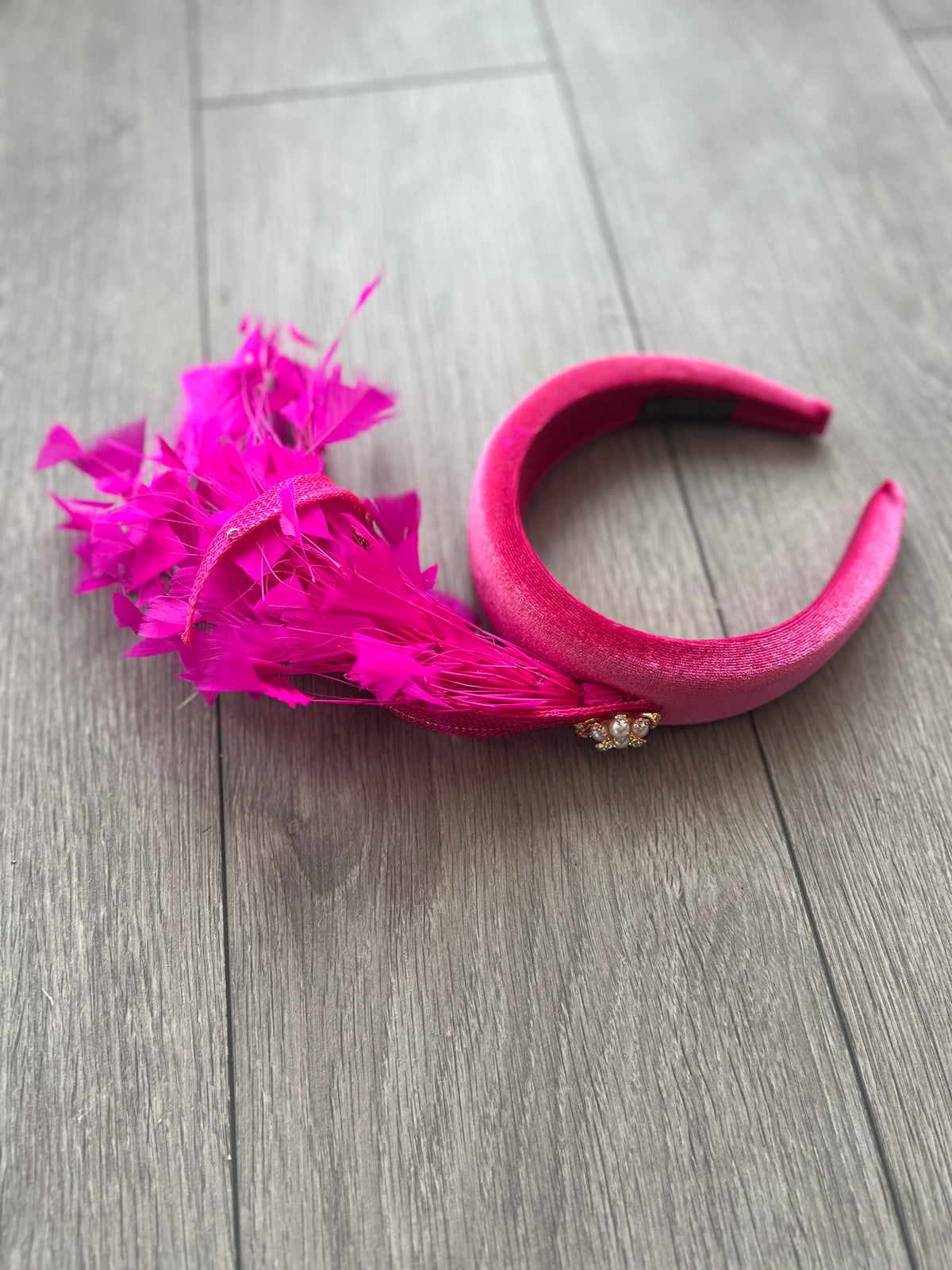 Fuchsia Feather Velvet Padded Headband Fascinator With Diamante &amp; Pearl Cluster