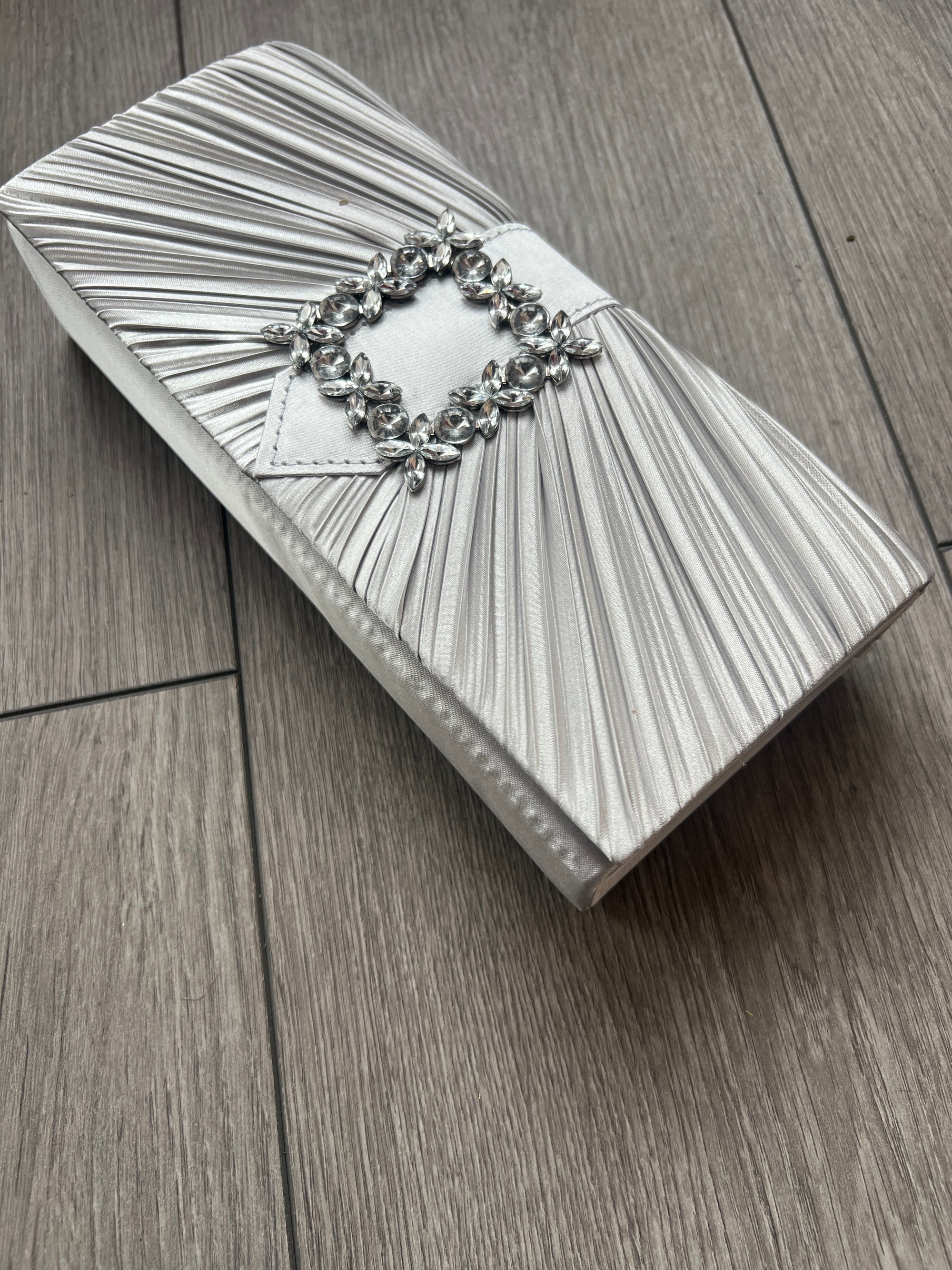 Silver Satin Pleated Clutch Bag With Jewel Embellishment