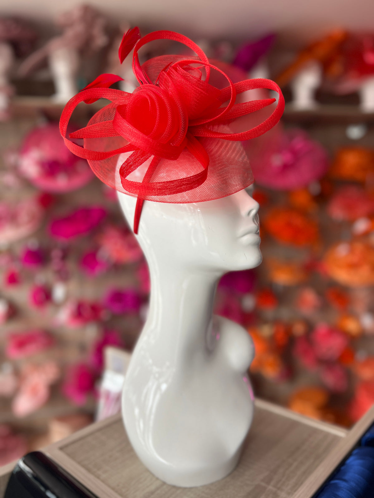 Red Crinoline Saucer Fascinator With Loops &amp; Feathers