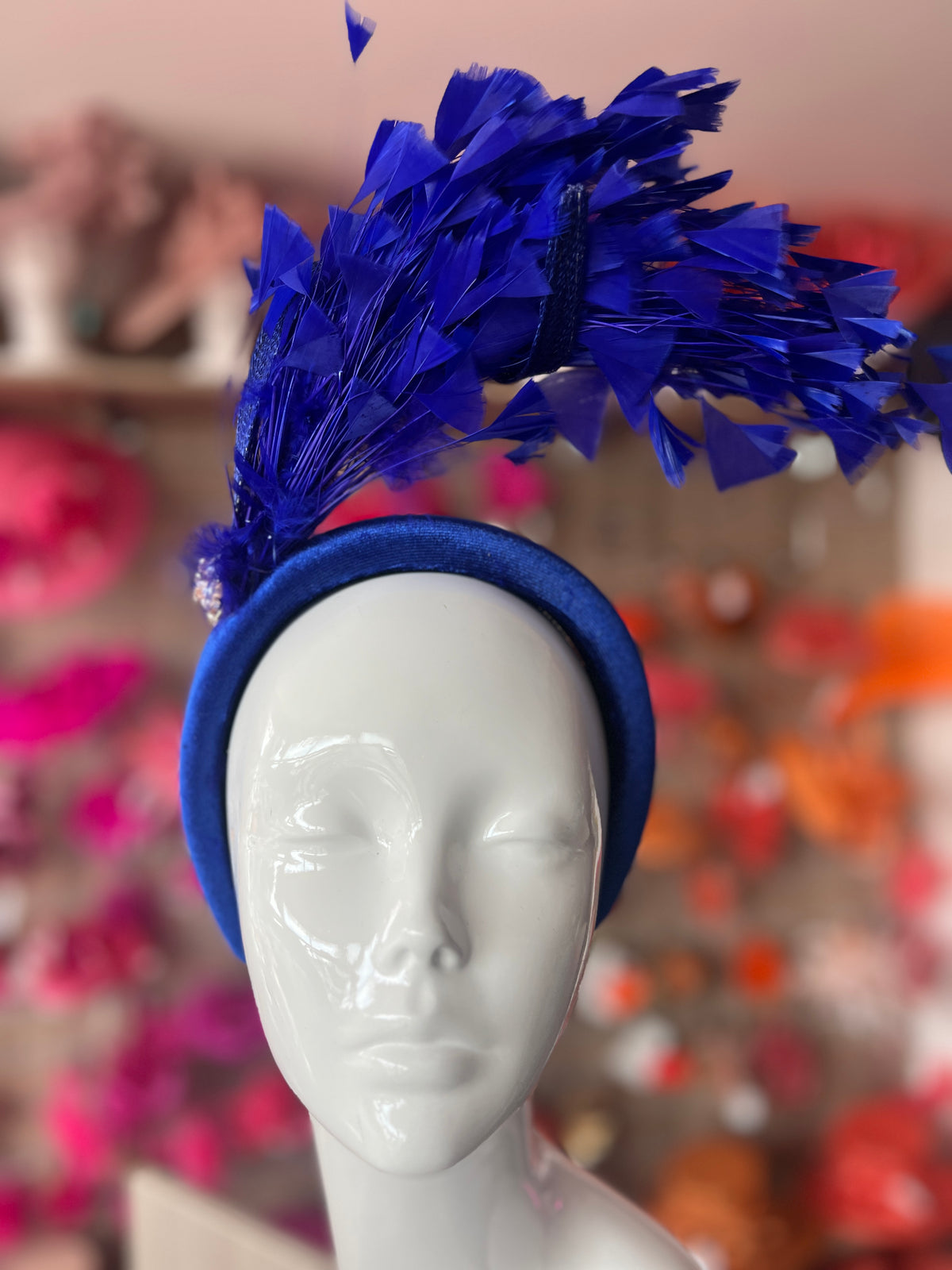 Royal Blue Feather Velvet Padded Headband Fascinator With Diamante &amp; Pearl Cluster