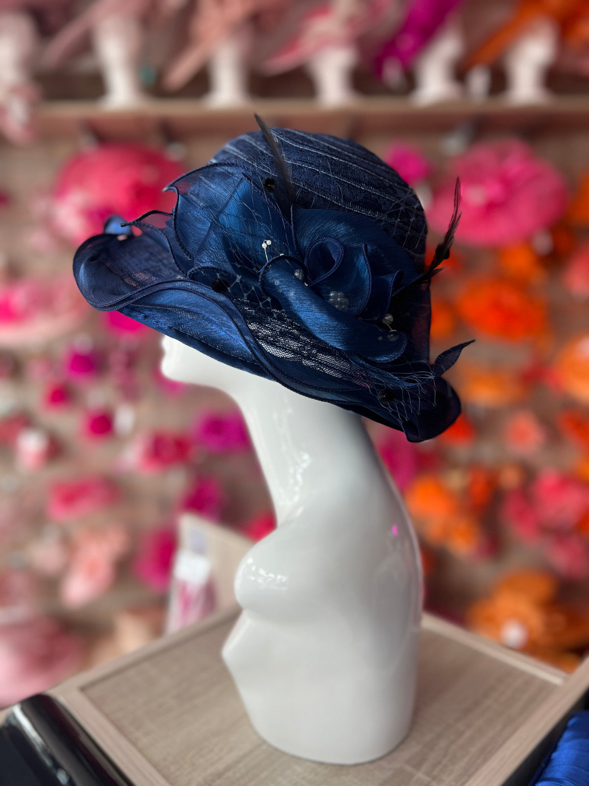Navy Blue Crinoline Hat With Chiffon Bow / Lace &amp; Pearl Detail