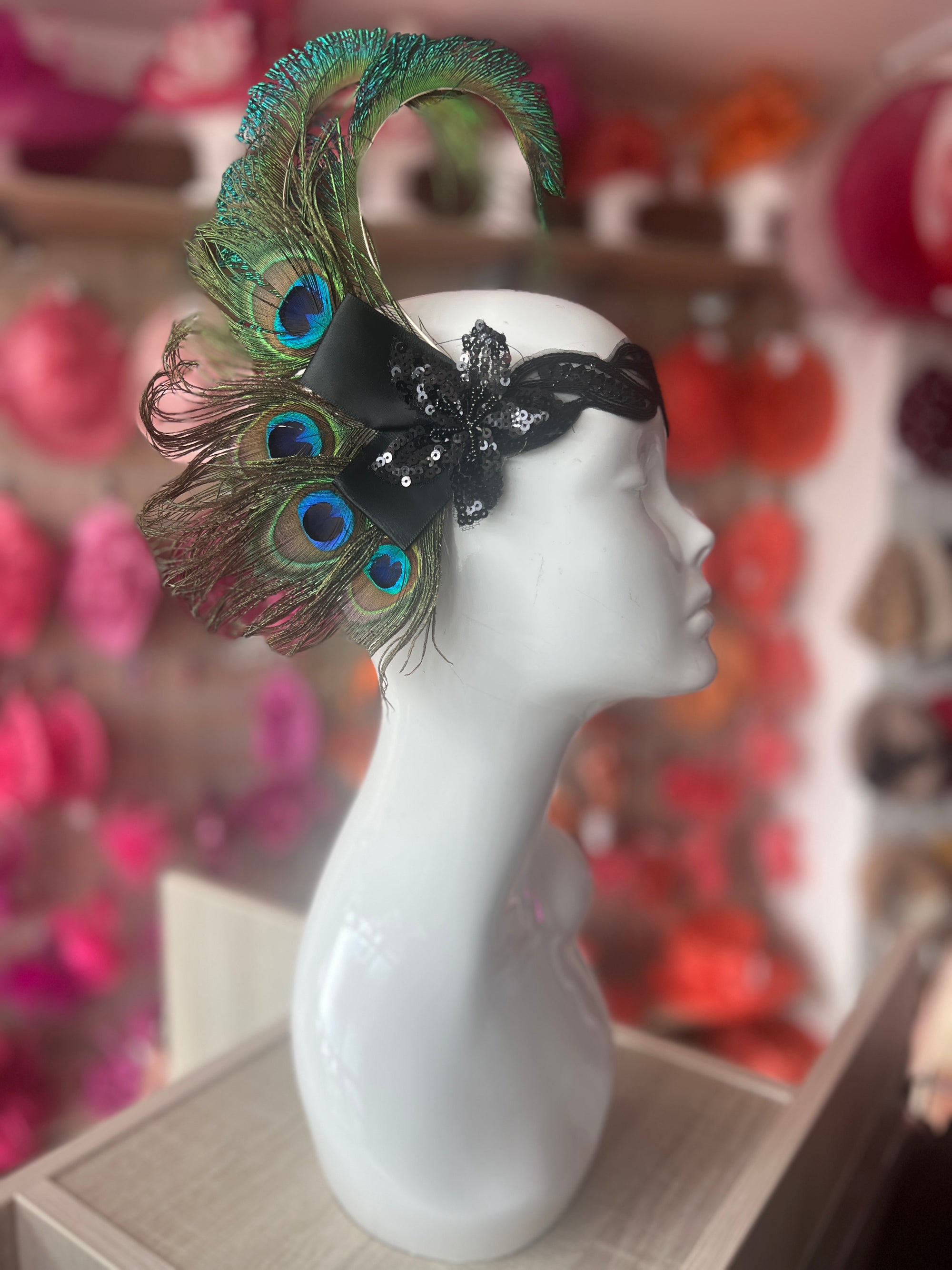 1920's Style Peacock Feather Flapper Headpiece With Sequins - Green