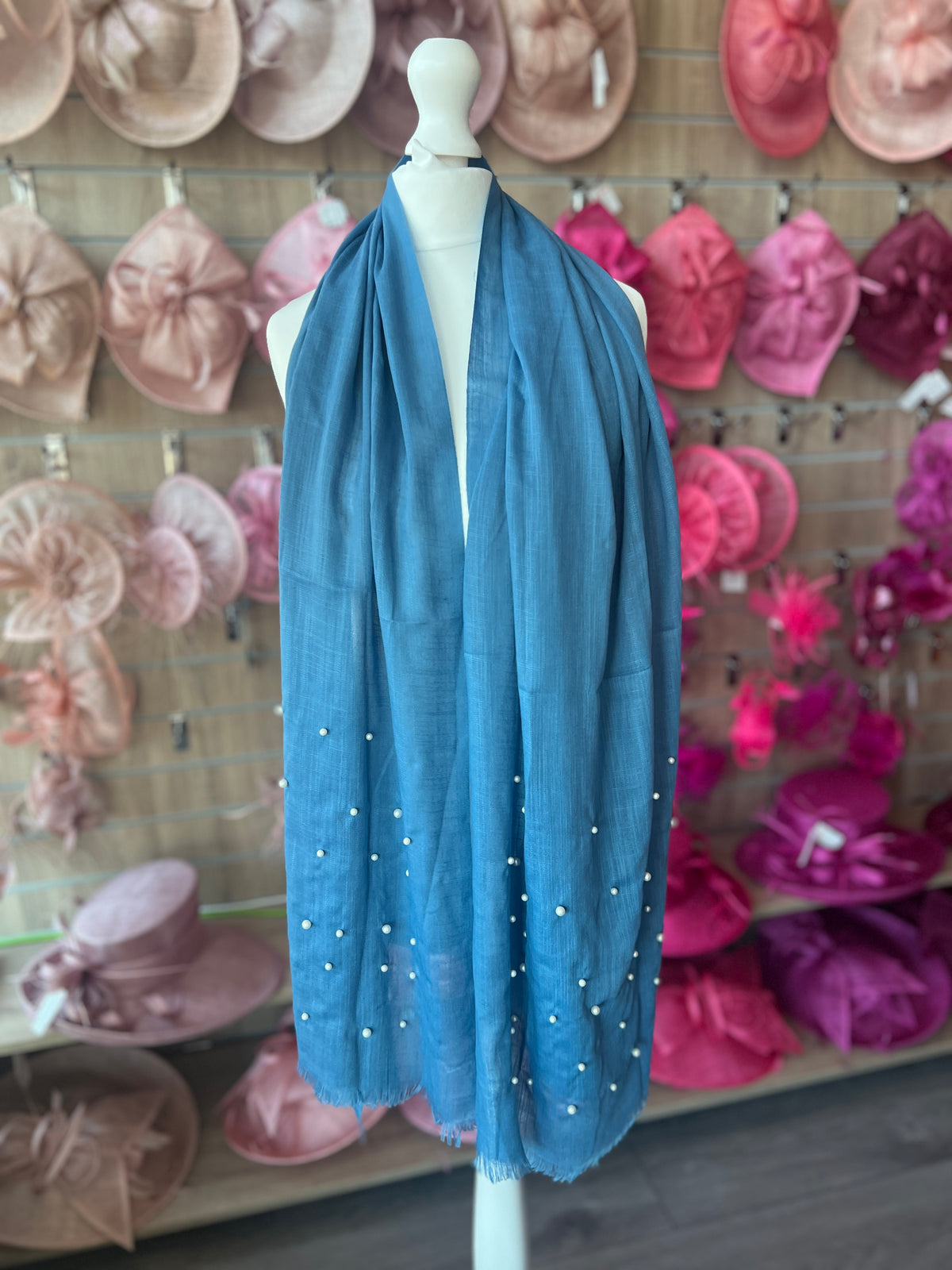 Airforce Blue Pashmina Scarf With Pearl Detail-Fascinators Direct
