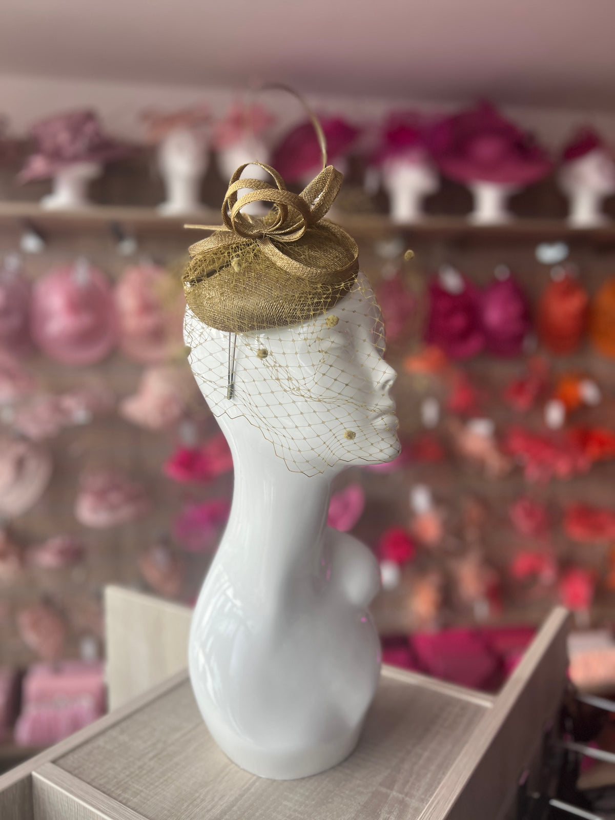 Antique Bronze Pillbox Hat with Veil &amp; Curled Quill-Fascinators Direct