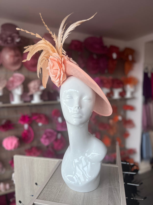 Apricot Large Disc Fascinator With Rose Flowers & Feathers