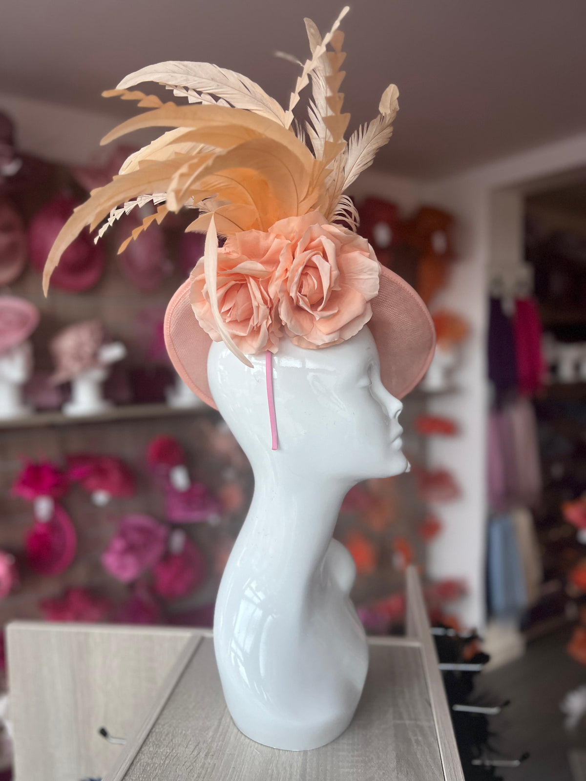 Pale pink and hotsell navy full feather fascinator with diamanté for special occasion, wedding, race day.