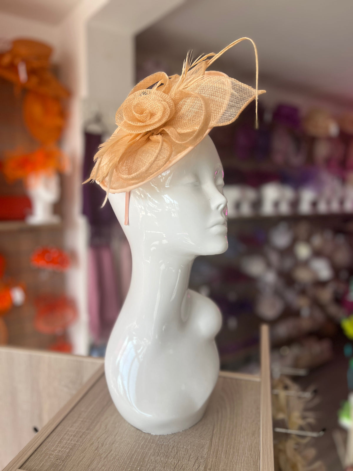 Apricot Saucer Fascinator With Flower &amp; Quill-Fascinators Direct