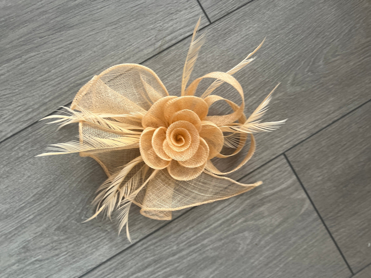 Apricot Teardrop Fascinator With Rose &amp; Feathers-Fascinators Direct