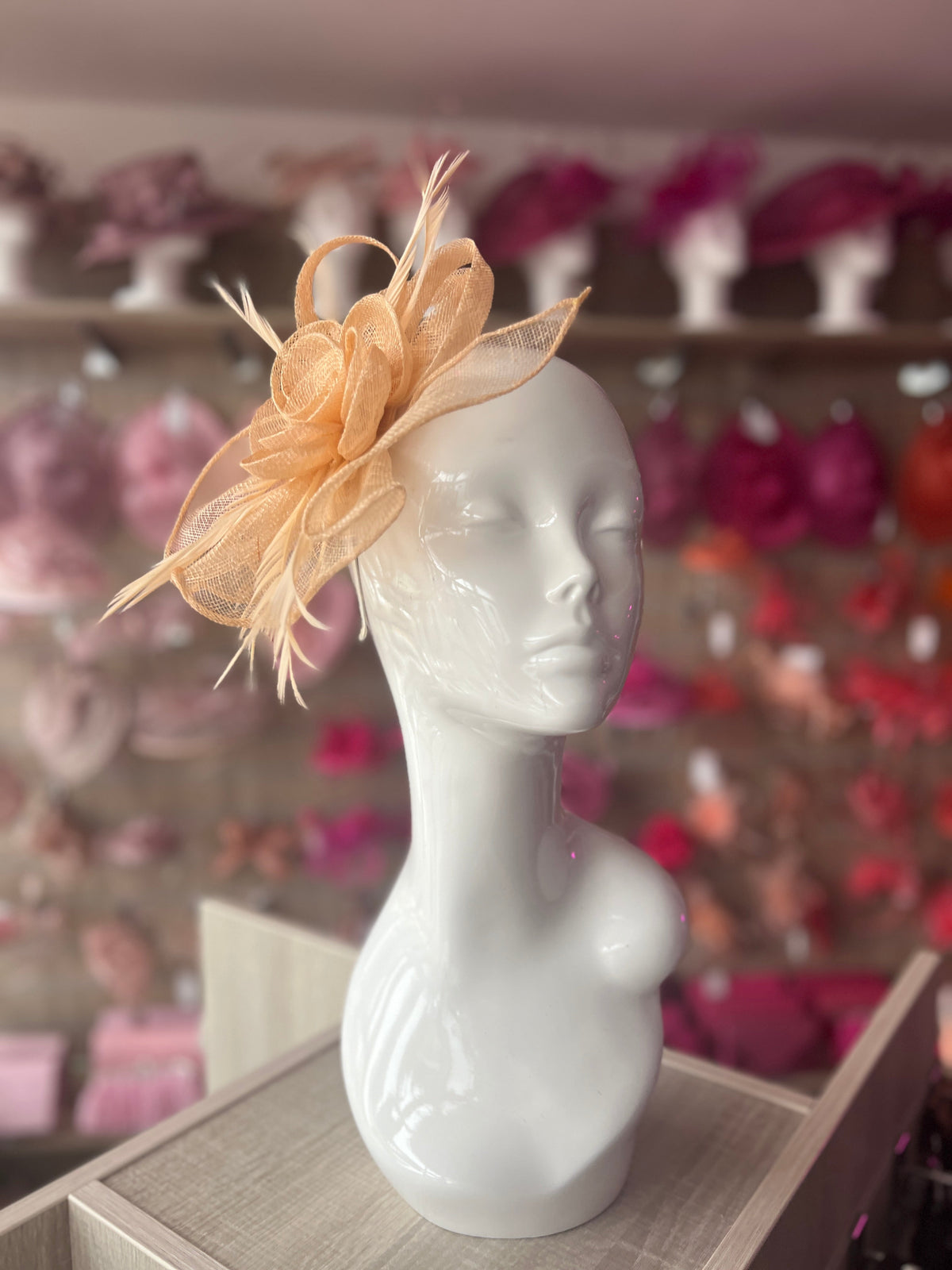 Apricot Teardrop Fascinator With Rose &amp; Feathers-Fascinators Direct