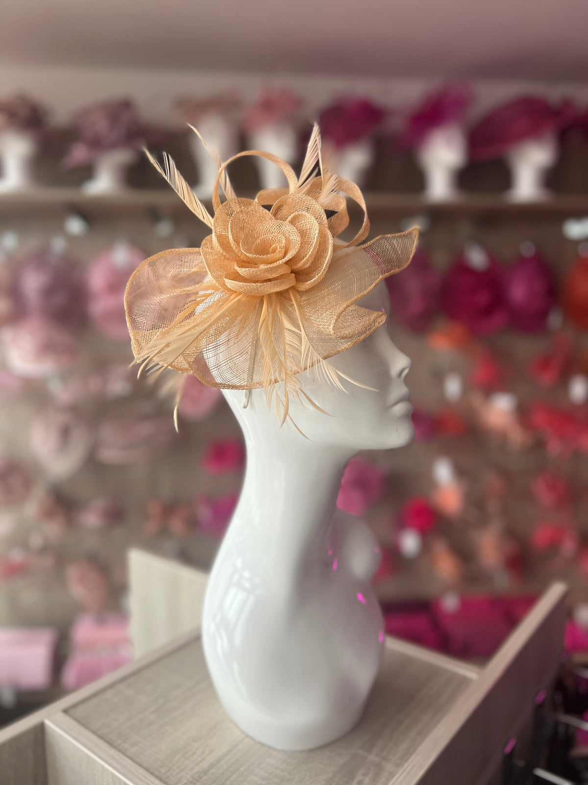 Apricot Teardrop Fascinator With Rose &amp; Feathers-Fascinators Direct