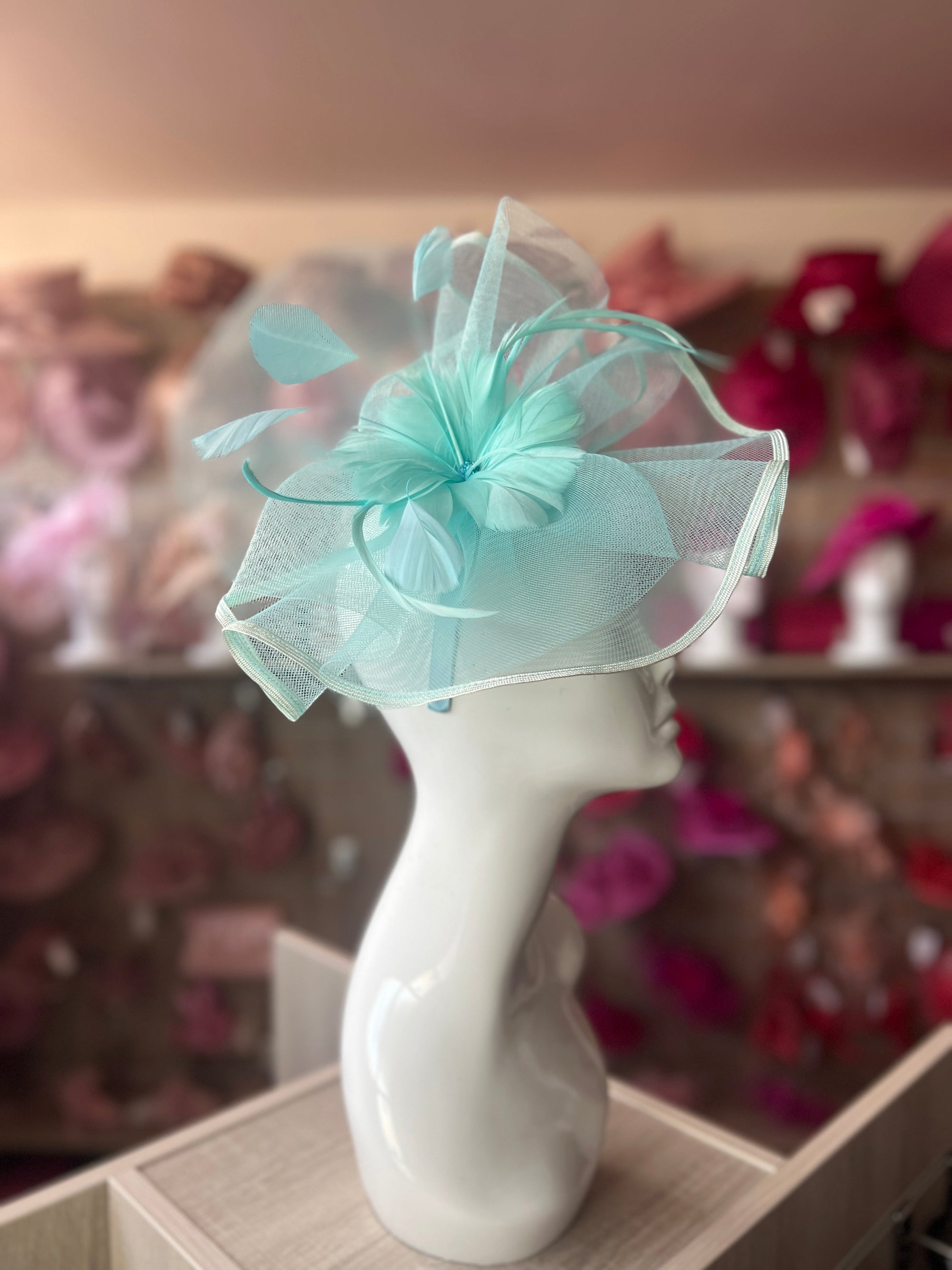 Aqua Large Fascinator with Ruched Crinoline & Flower-Fascinators Direct