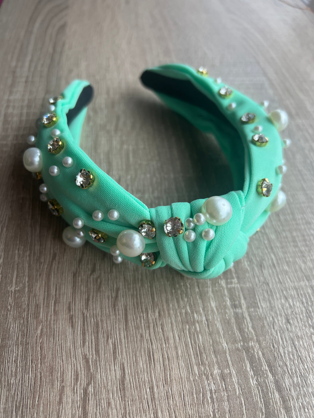 Aqua Pearl &amp; Diamante Knot Headband Fascinator-Fascinators Direct