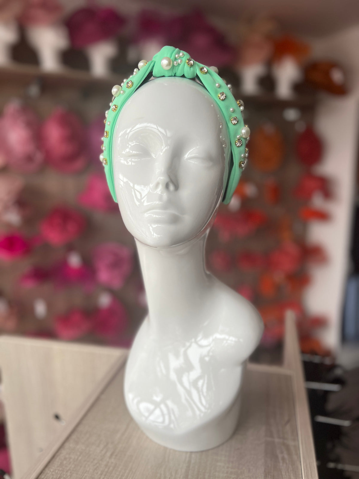 Aqua Pearl &amp; Diamante Knot Headband Fascinator-Fascinators Direct