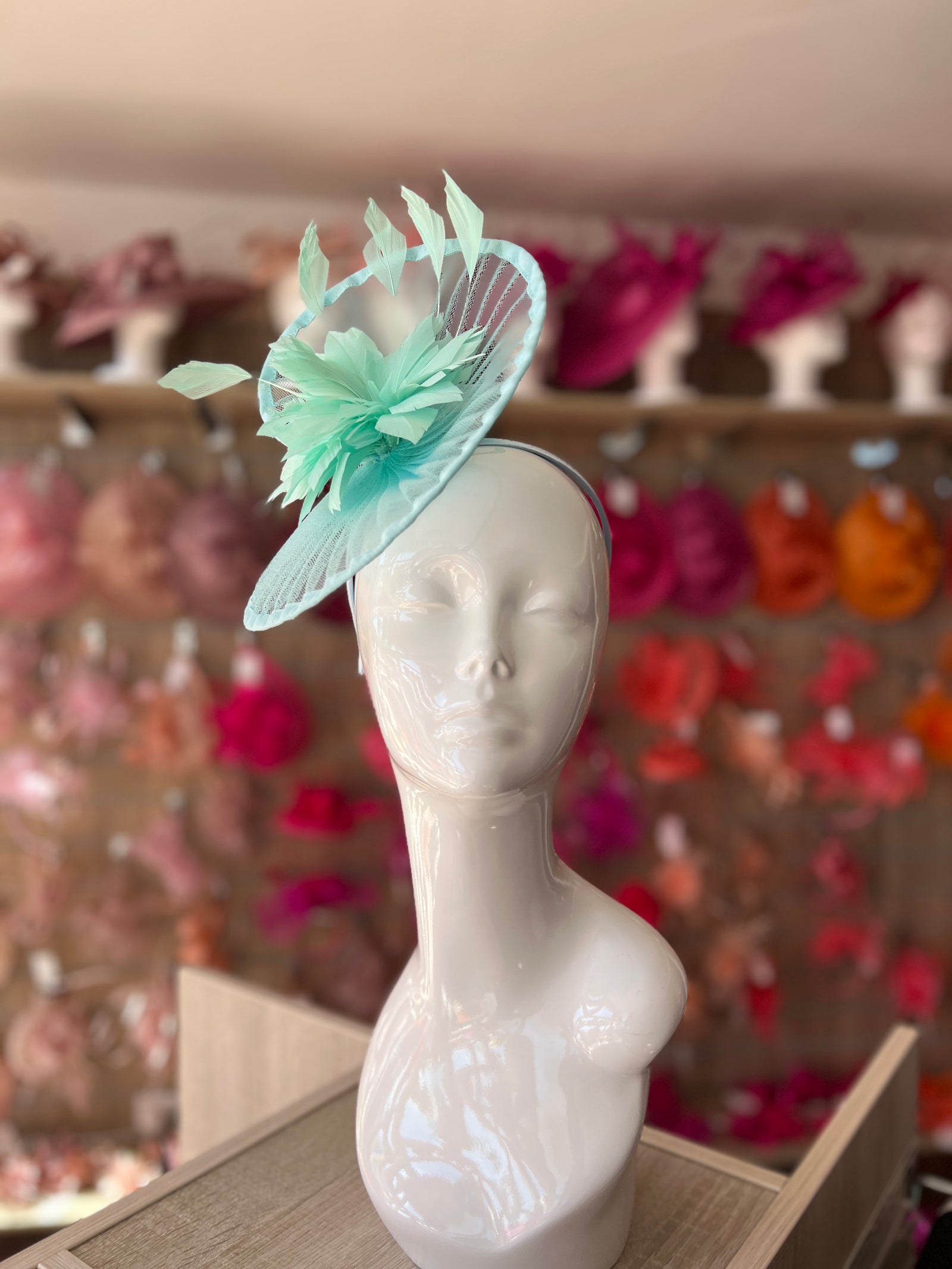 Aqua Pleated Spiral Fascinator With Feather Flower-Fascinators Direct