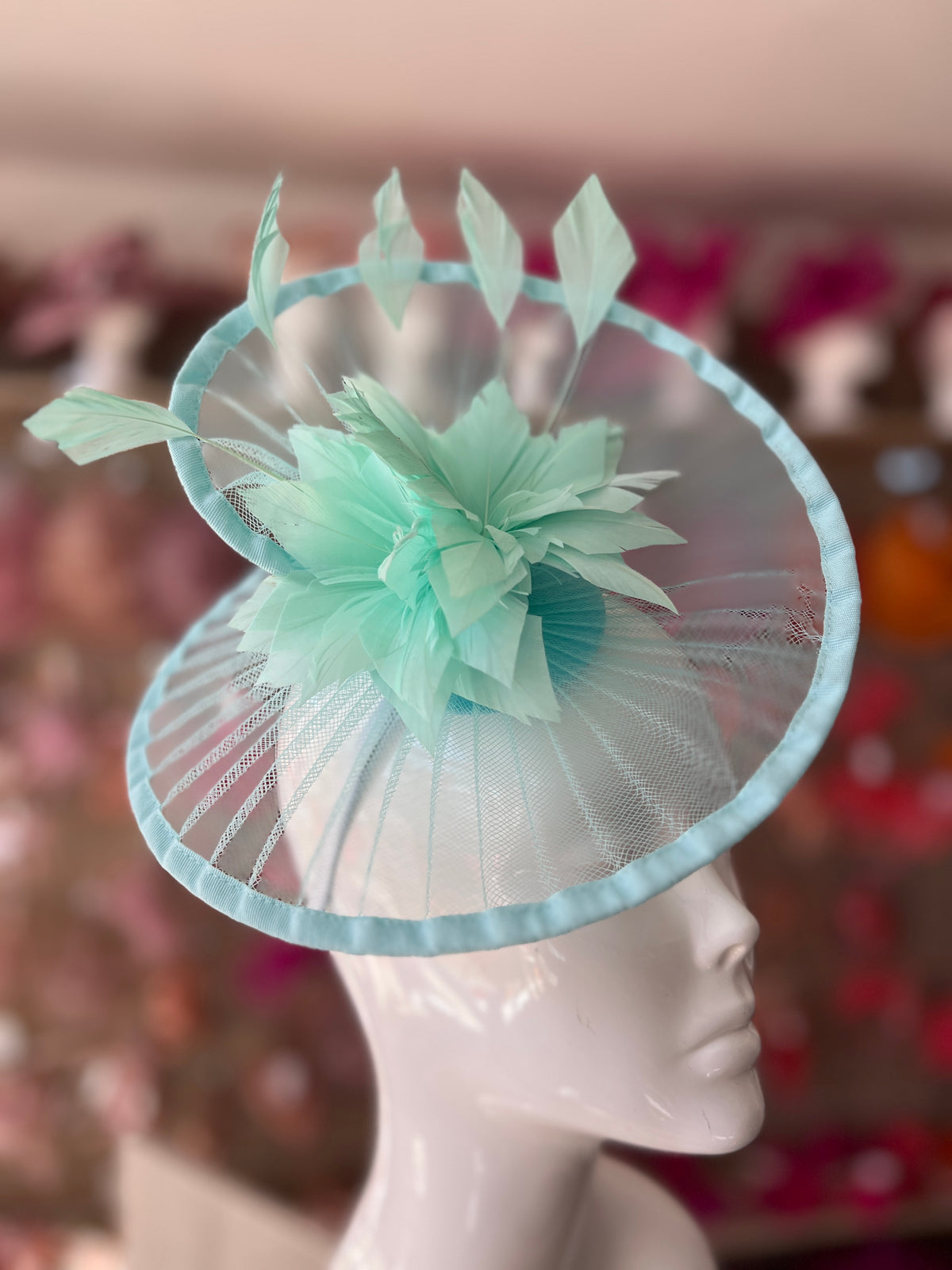 Aqua Pleated Spiral Fascinator With Feather Flower-Fascinators Direct