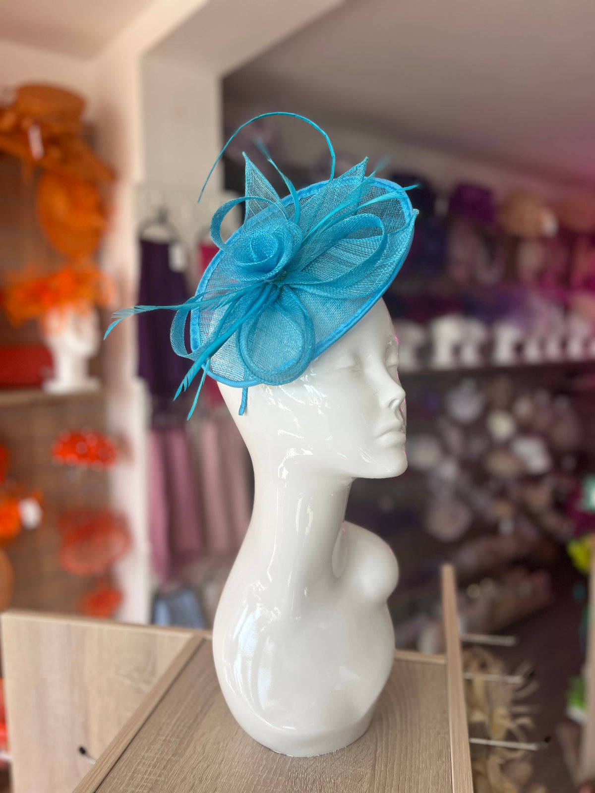 Aqua Saucer Fascinator With Flower &amp; Quill-Fascinators Direct