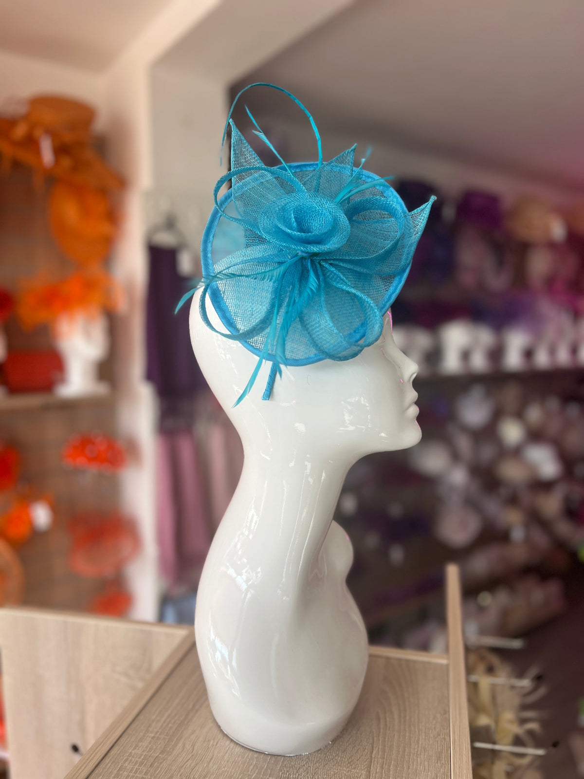 Aqua Saucer Fascinator With Flower &amp; Quill-Fascinators Direct
