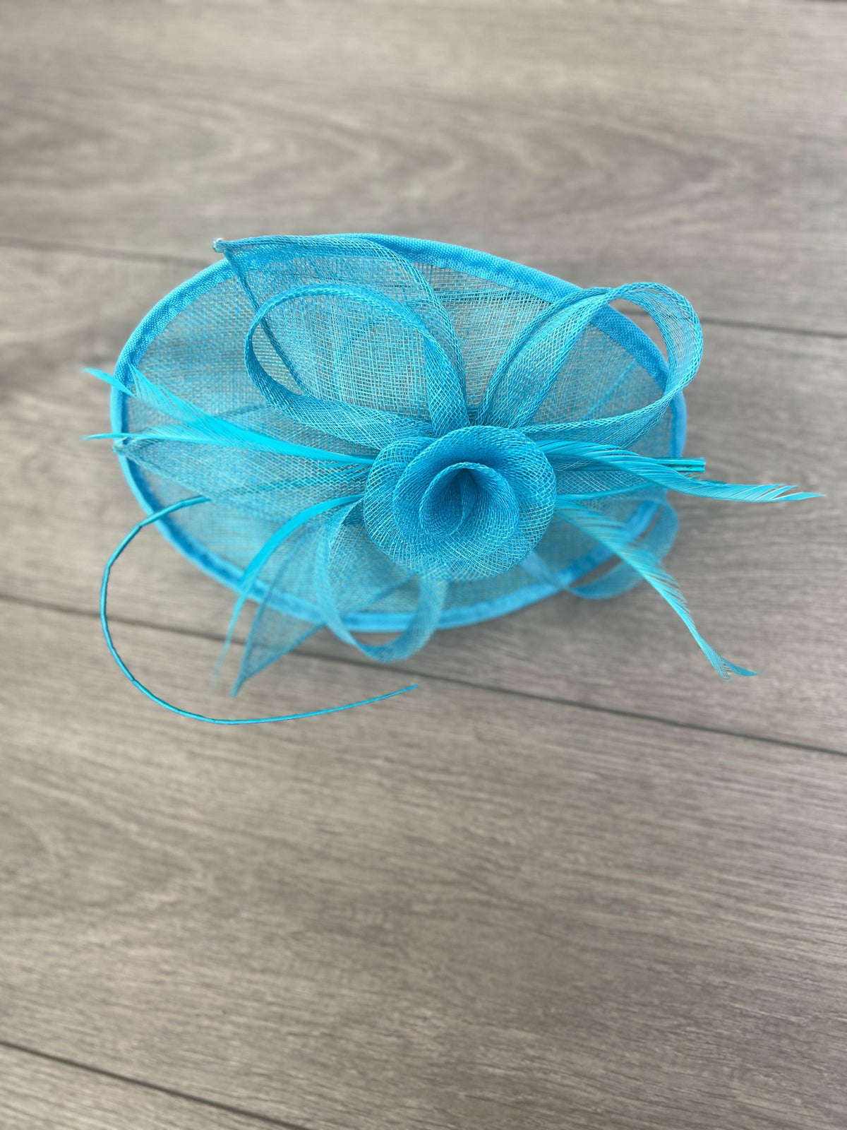 Aqua Saucer Fascinator With Flower &amp; Quill-Fascinators Direct