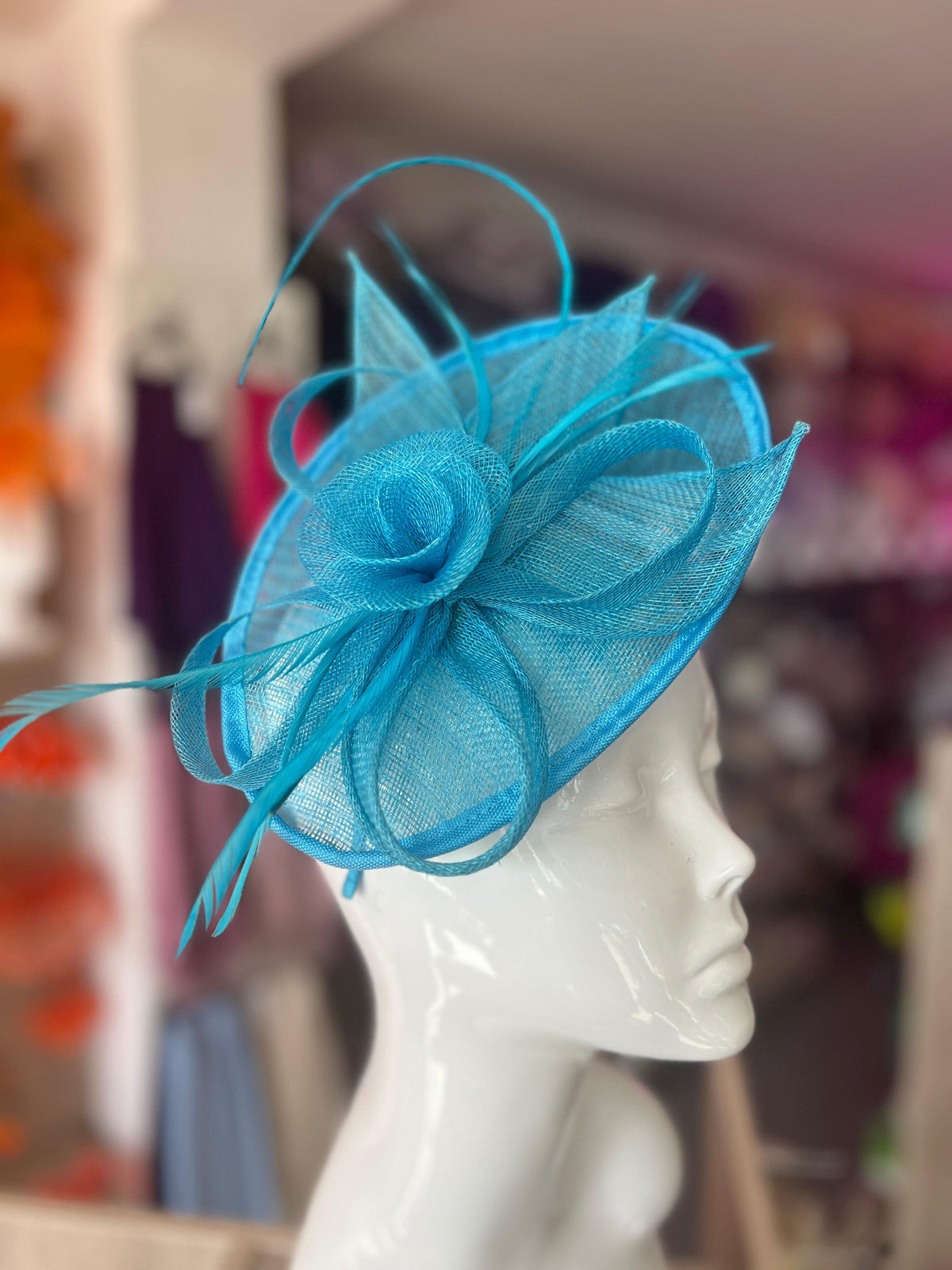 Aqua Saucer Fascinator With Flower &amp; Quill-Fascinators Direct