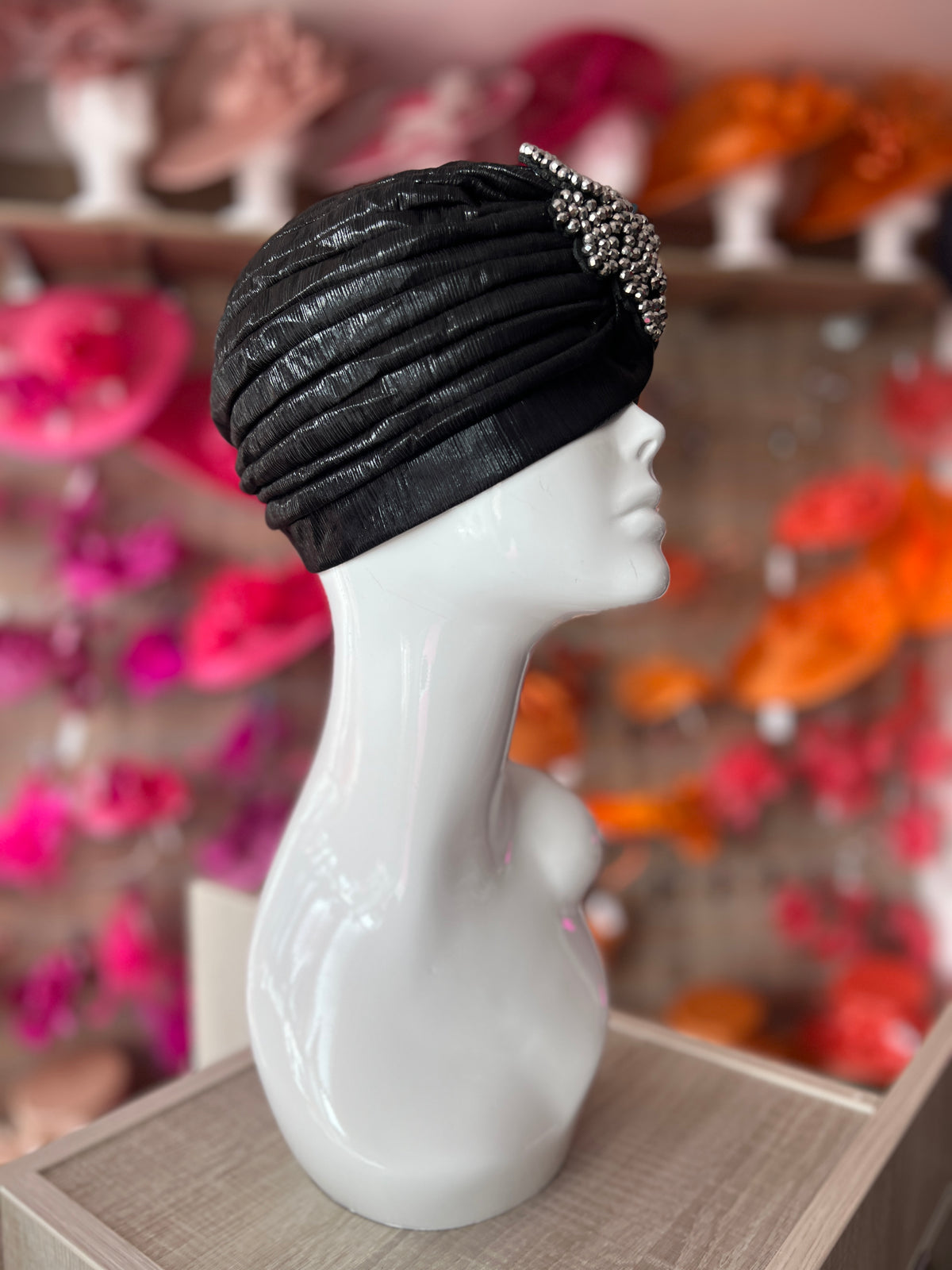 Metallic Black Turban With Beaded Embellishment