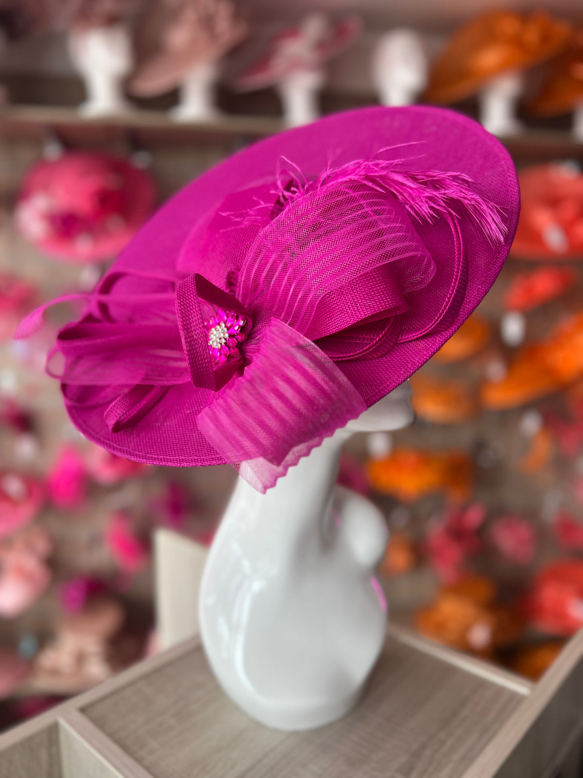 Fuchsia Pink Saucer Hatinator With Feather &amp; Loops