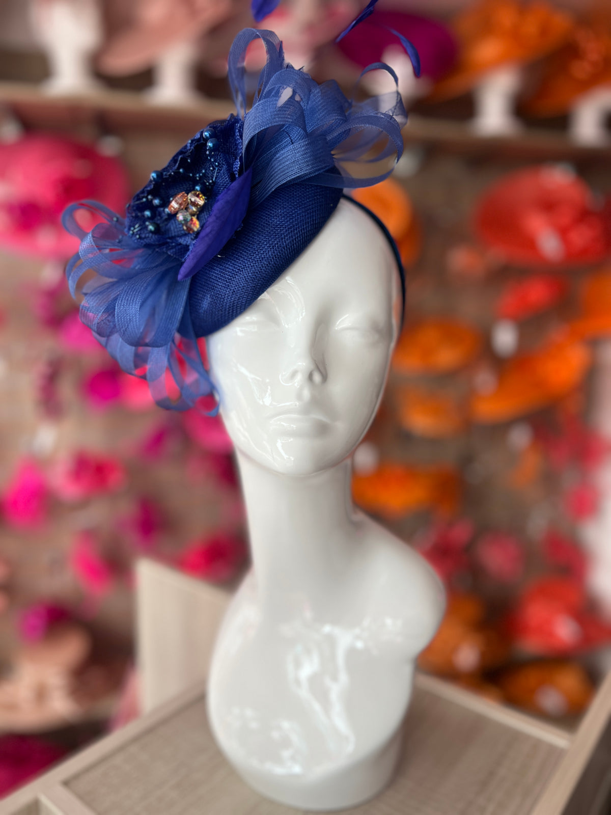 Pillbox Hat With Loops and  Embellished Flowers- Royal Blue