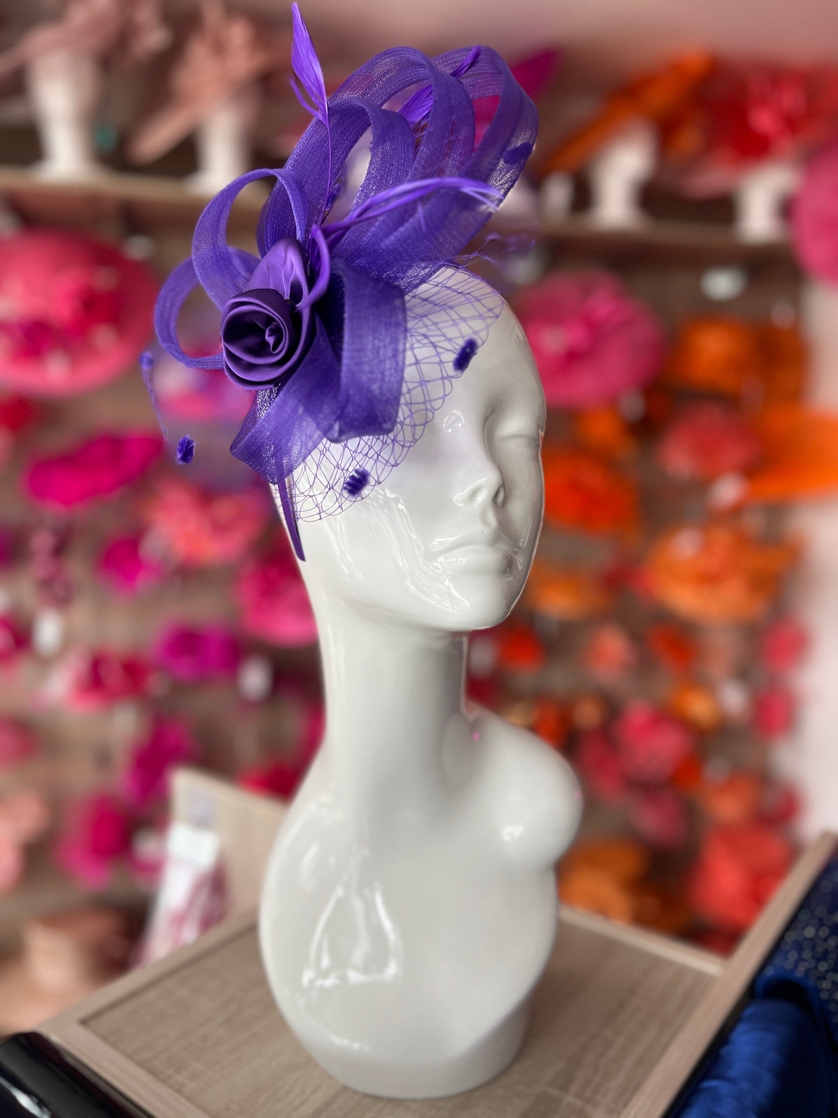 Purple Flower Fascinator With Netting &amp; Feathers