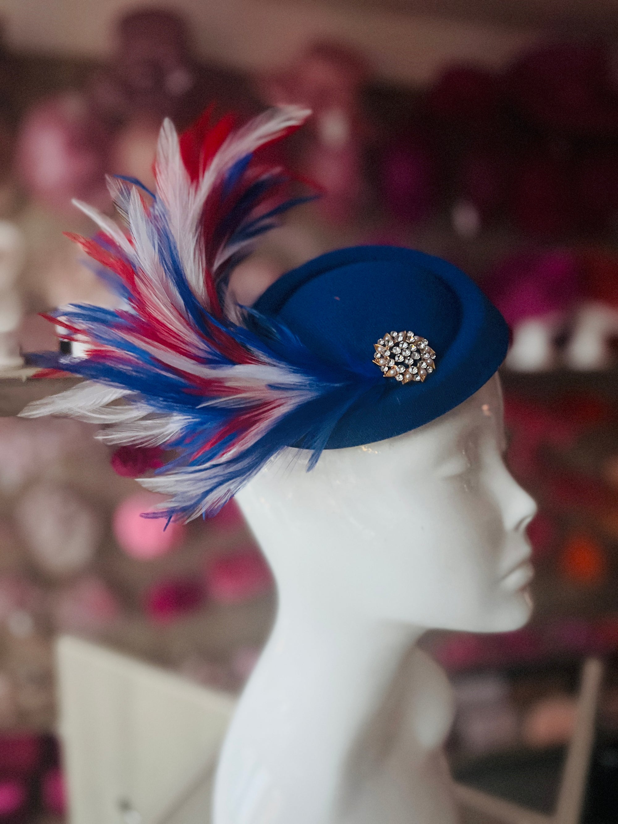 Royal Blue Pill Box Fascinator With Large Cured Feathers & Diamante Embellshment