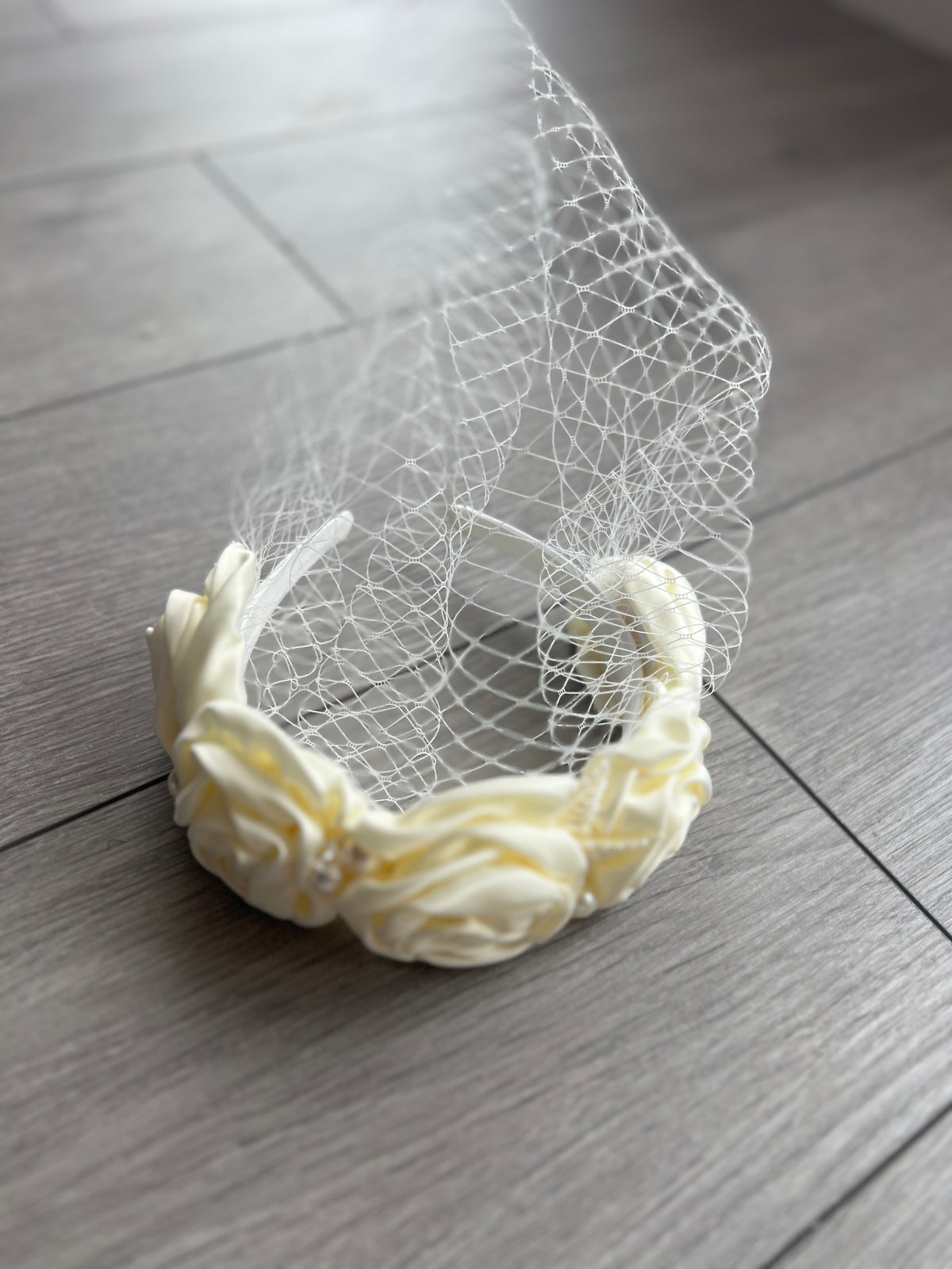 Bridal Wedding Headband With Cream Roses/Pearls &amp; Veil