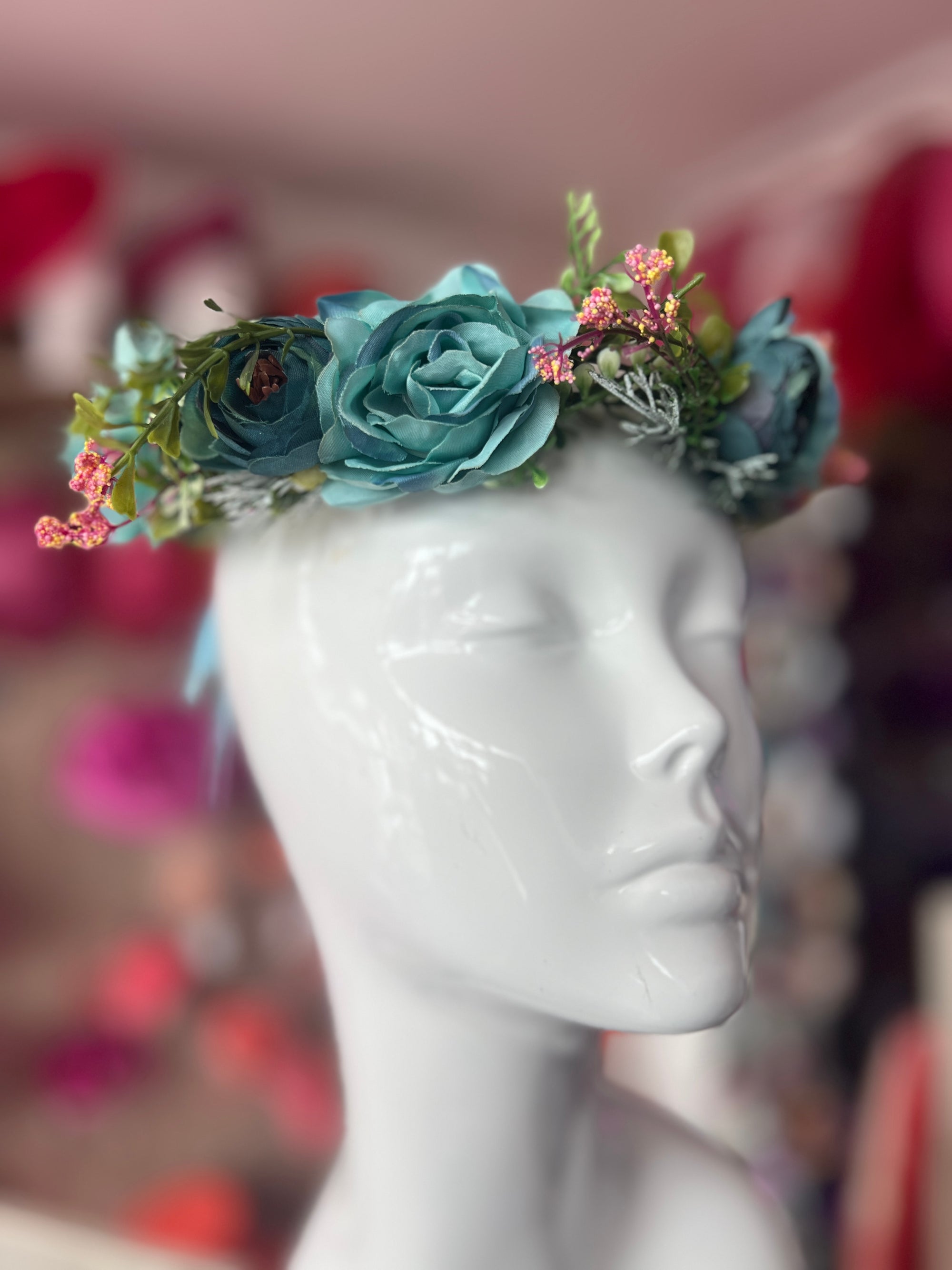 Duck Egg Blue Vintage Mixed Flower Crown Hair Garland