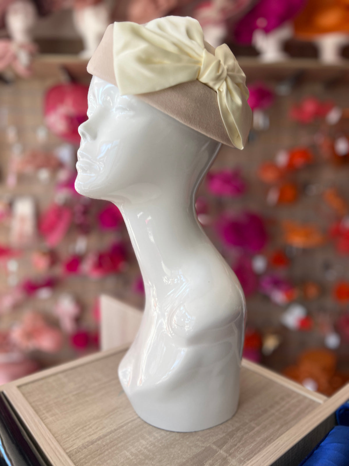 Vintage Cream Felt Pillbox Hat Fascinator With Satin Bow