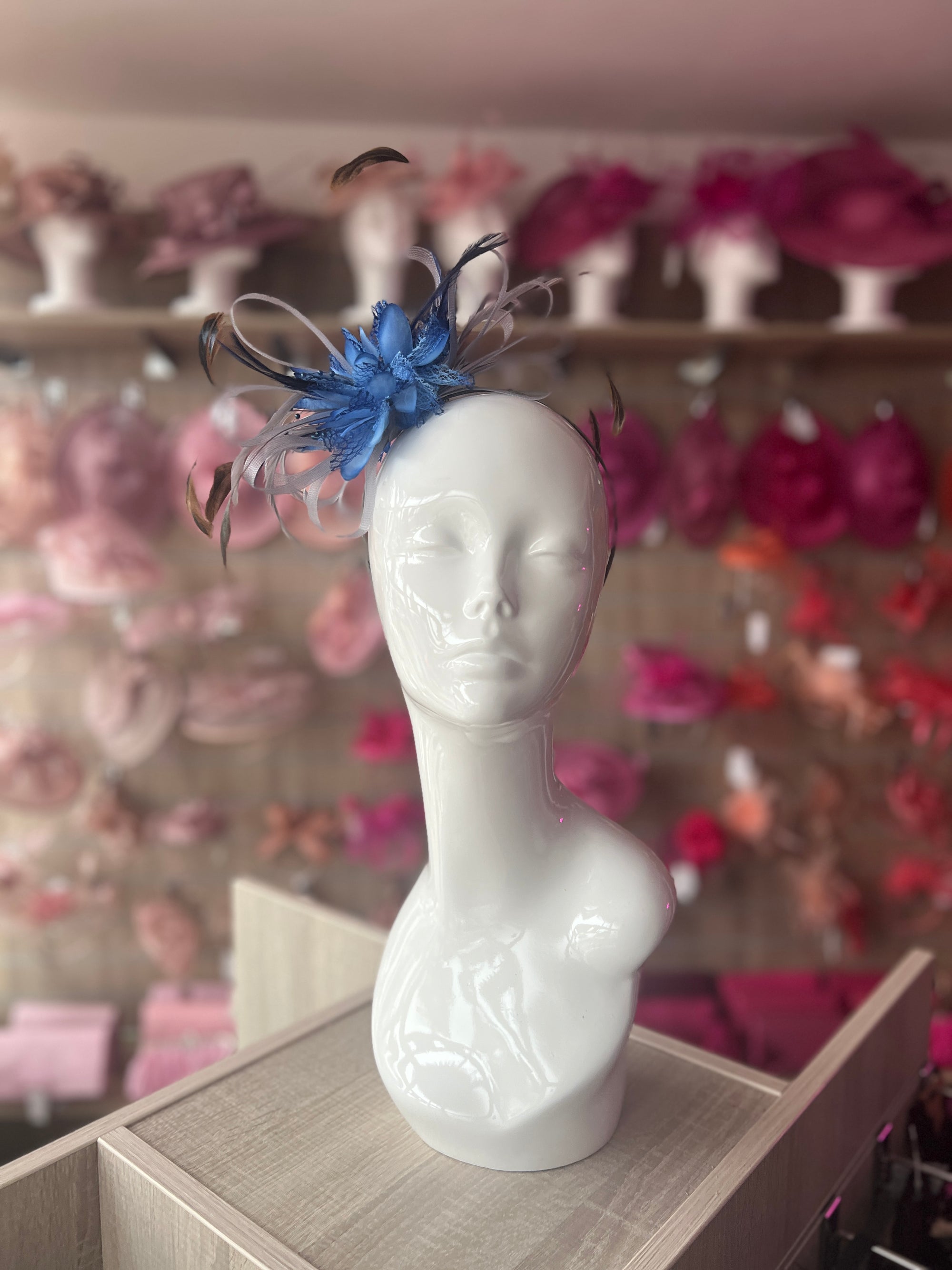 Headband Grey & Blue Fascinator With Flower & Loops