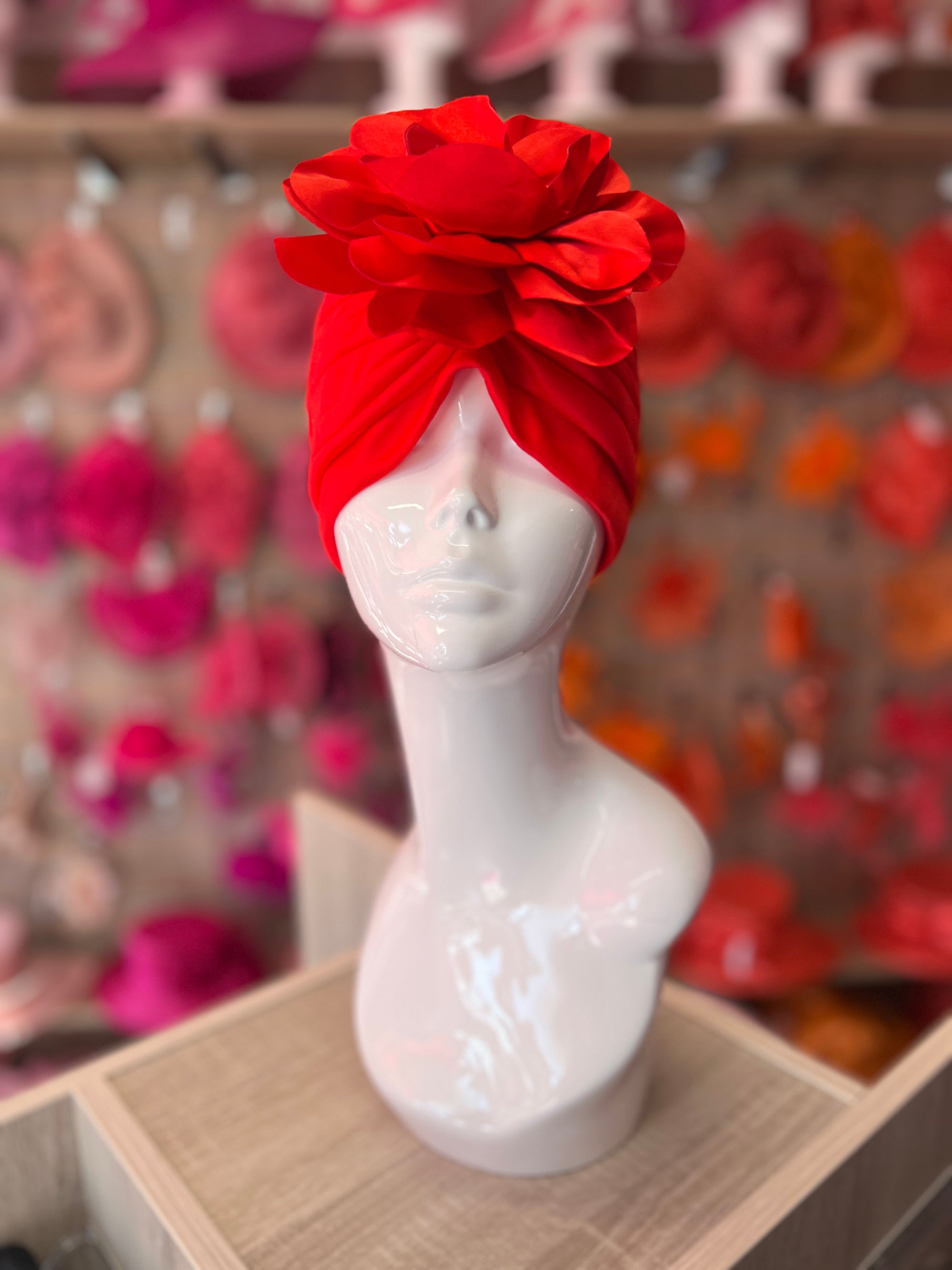 Red Turban With Large Satin Flower