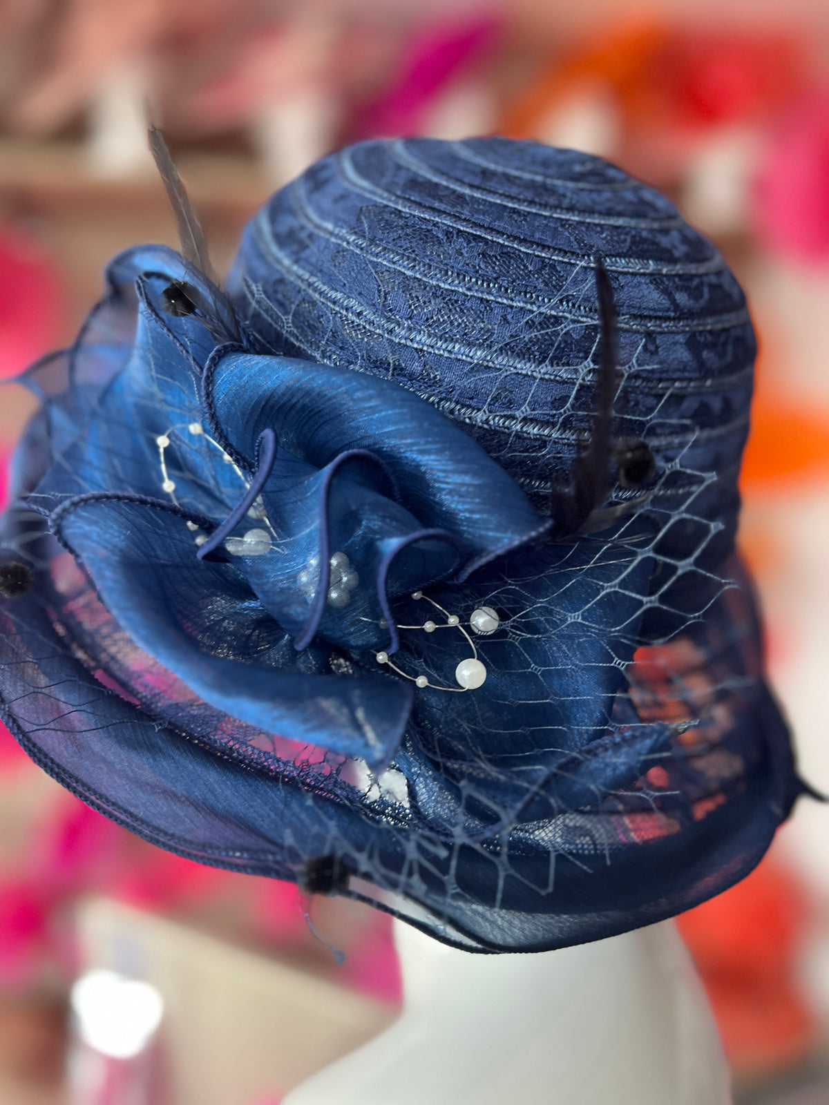 Navy Blue Crinoline Hat With Chiffon Bow / Lace &amp; Pearl Detail