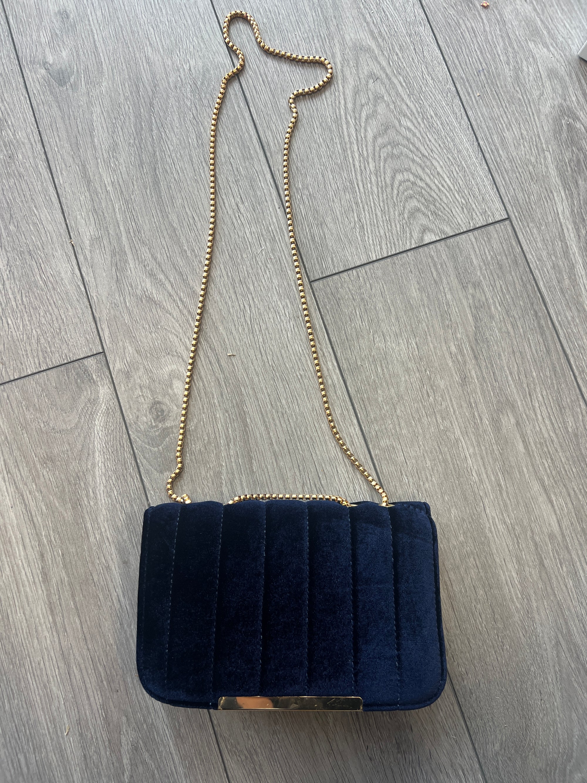 Navy Velvet Shoulder Clutch Bag With Gold Chain