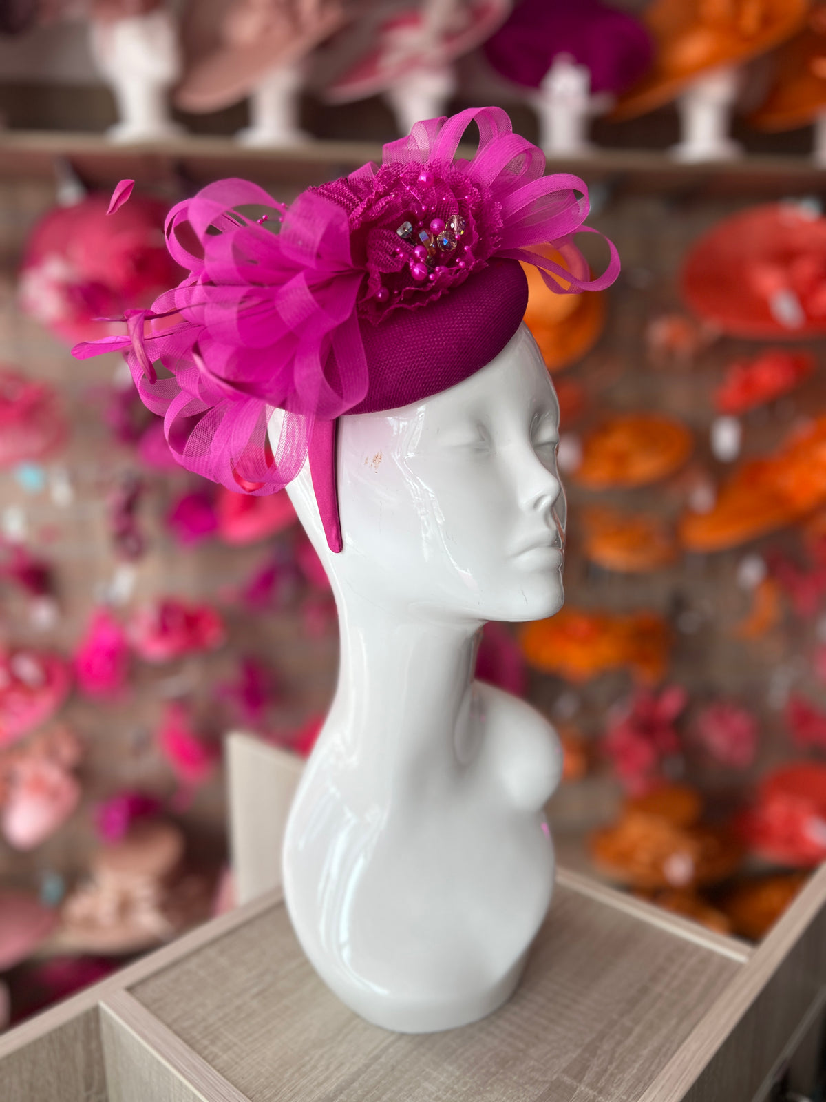 Pillbox Hat With Loops and  Embellished Flowers-Fuchsia