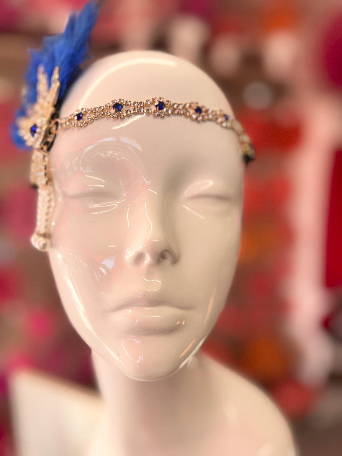 Sapphire 1920&#39;s Style Feather Flapper Headpiece With Hanging Pearls