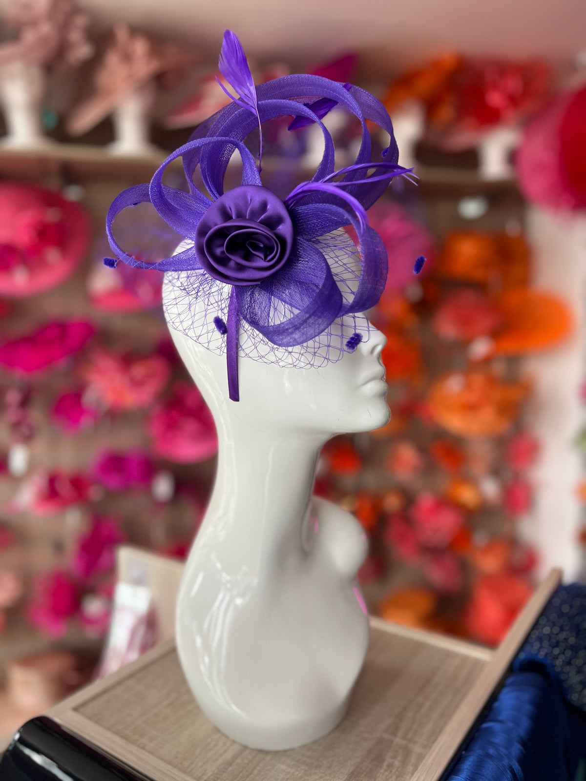Purple Flower Fascinator With Netting &amp; Feathers